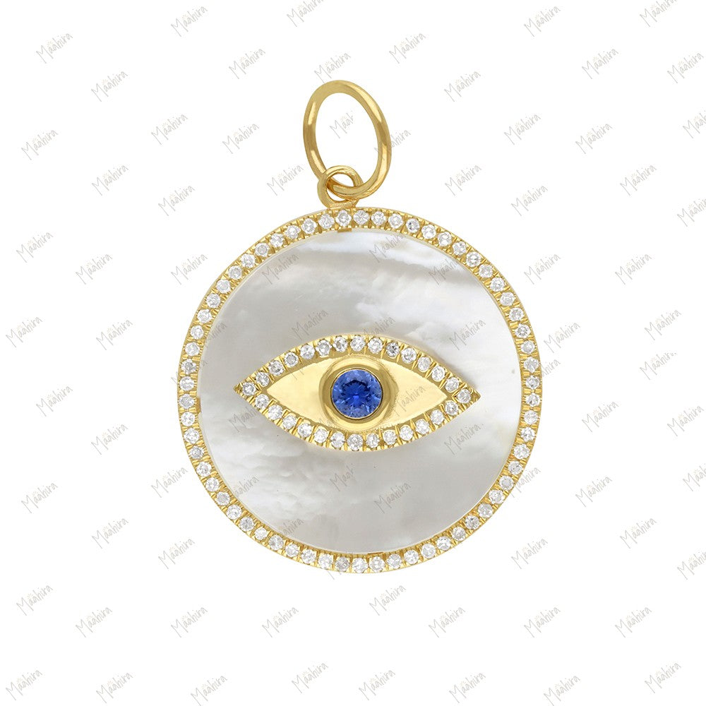 Diamond Blue Sapphire Eye Mother of Pearl Pendant 22mm