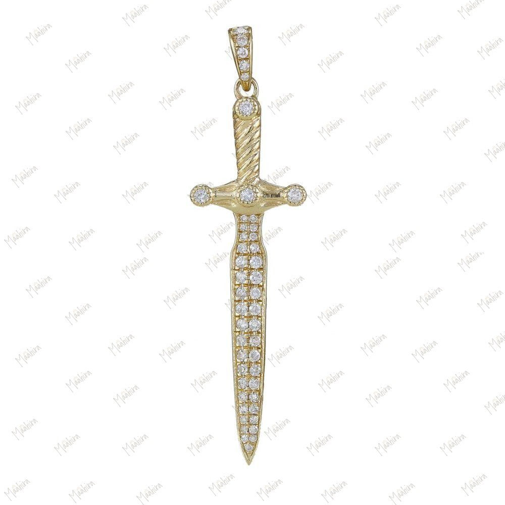 14K Yellow Gold Diamond Sword Pendant 11.5x43mm