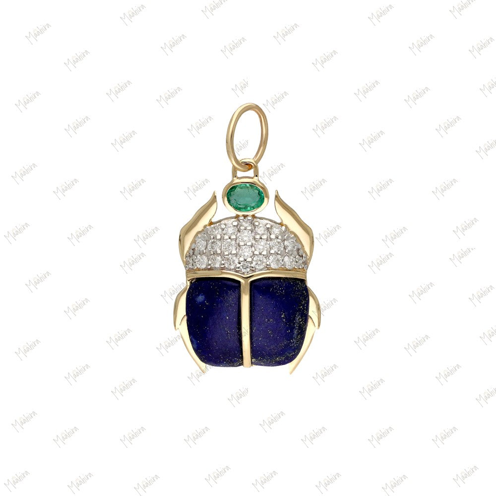 14K Yellow Gold Diamond, Emerald & Lapis Beetle Pendant-15.50x23mm