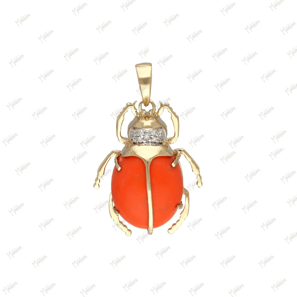 14K Yellow Gold Diamond, Emerald & Lapis Beetle Pendant-15.50x23mm