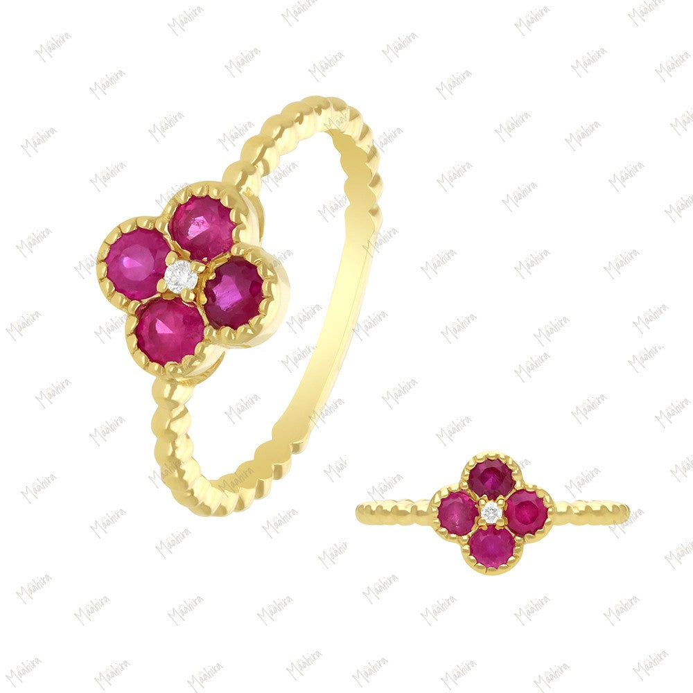 Diamond & Ruby Flower Ring in US Size 6