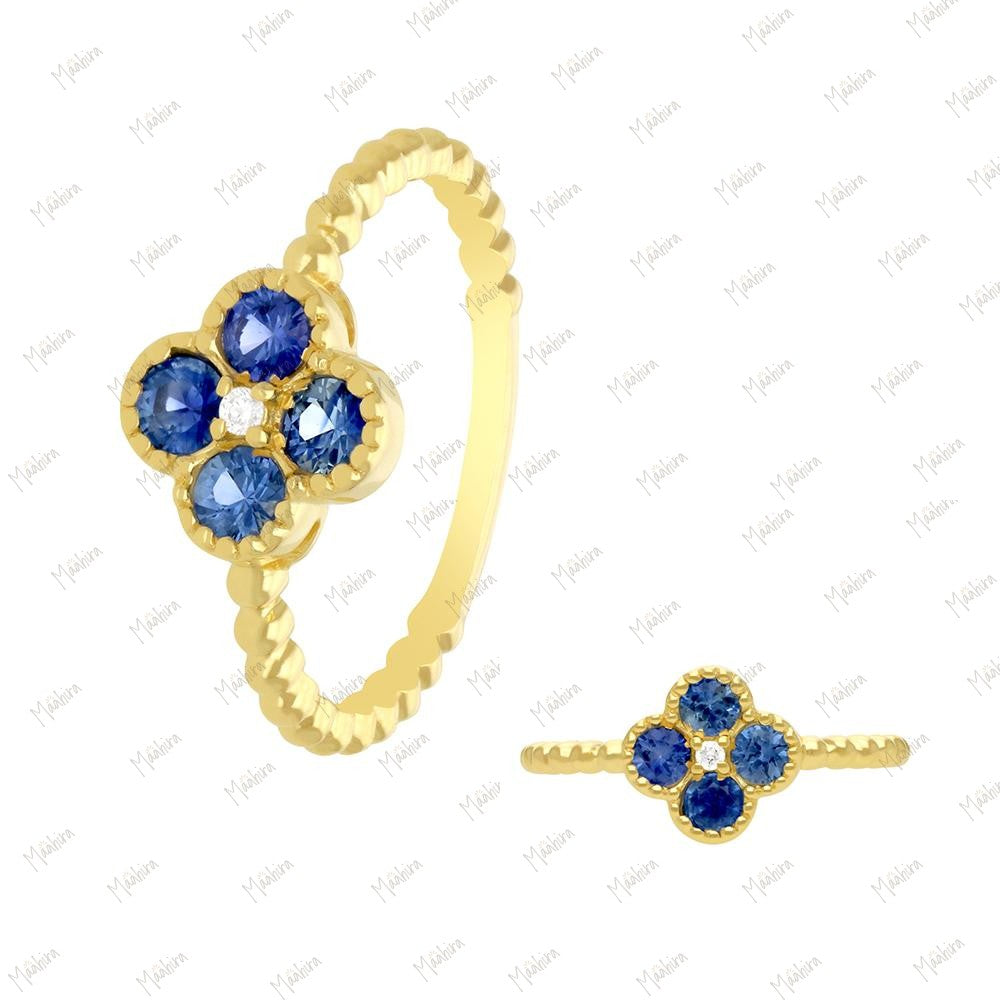 Diamond & Blue Sapphire Flower Ring in US Size 6
