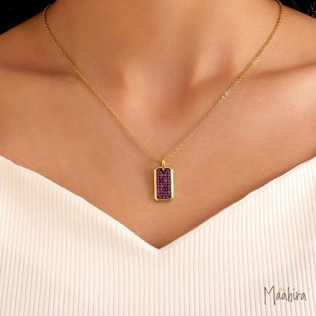 14k Yellow Gold Dog Tag Pink Sapphire/Black Diamond  9x18mm