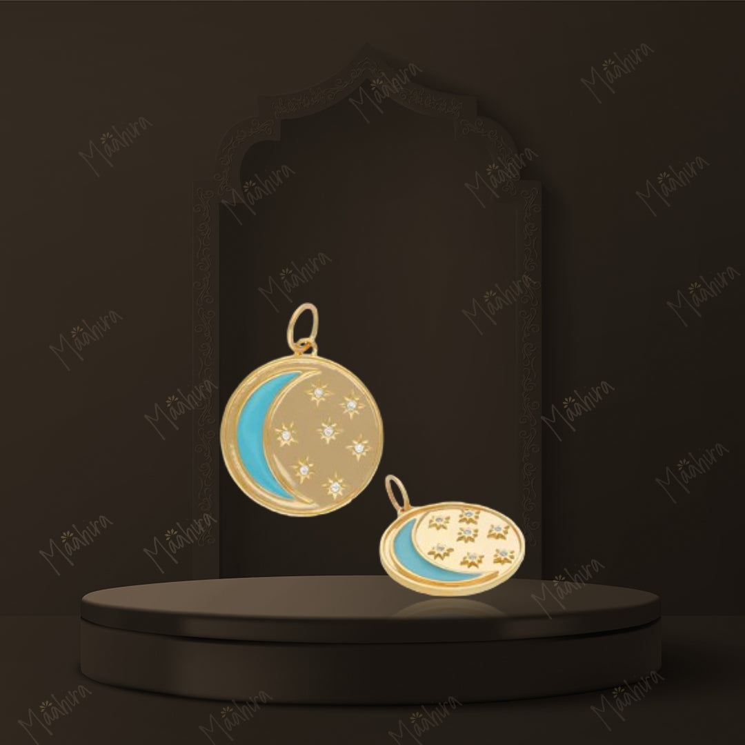 Diamond Turquoise Enamel Moon & Star Pendant 20mm
