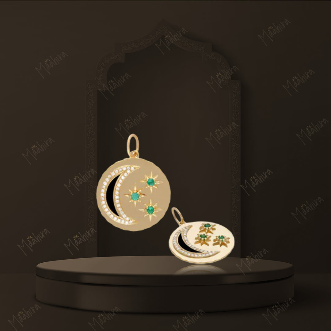 Diamond Emerald Black Enamel Moon & Star Pendant 20mm