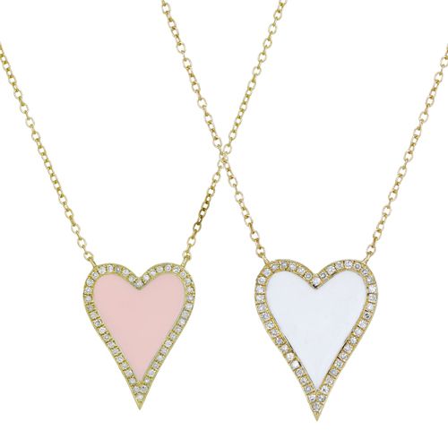 Diamond Heart Shape Necklace With White and Baby Pink Enamel
