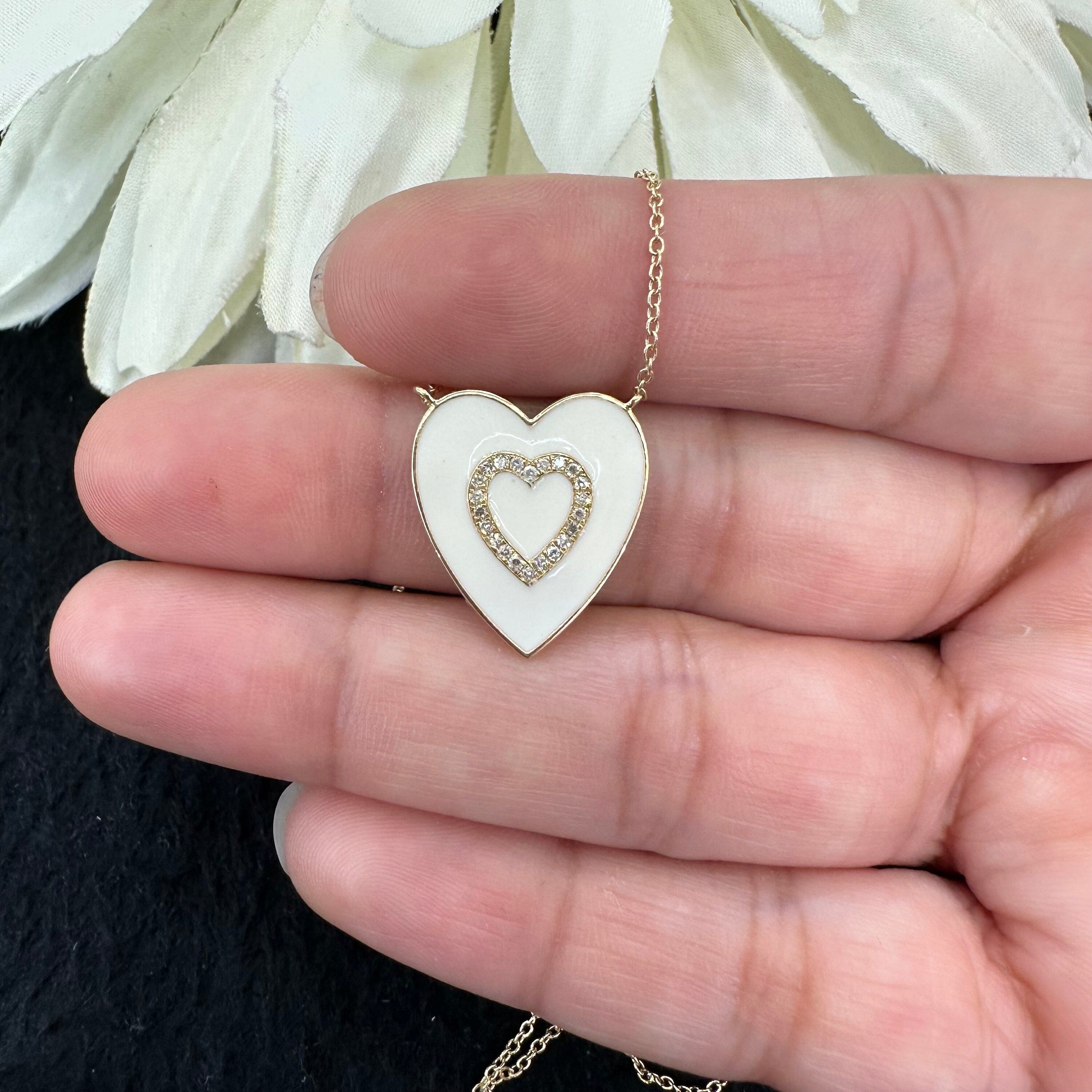 Diamond Heart Baby Pink Enamel Necklace