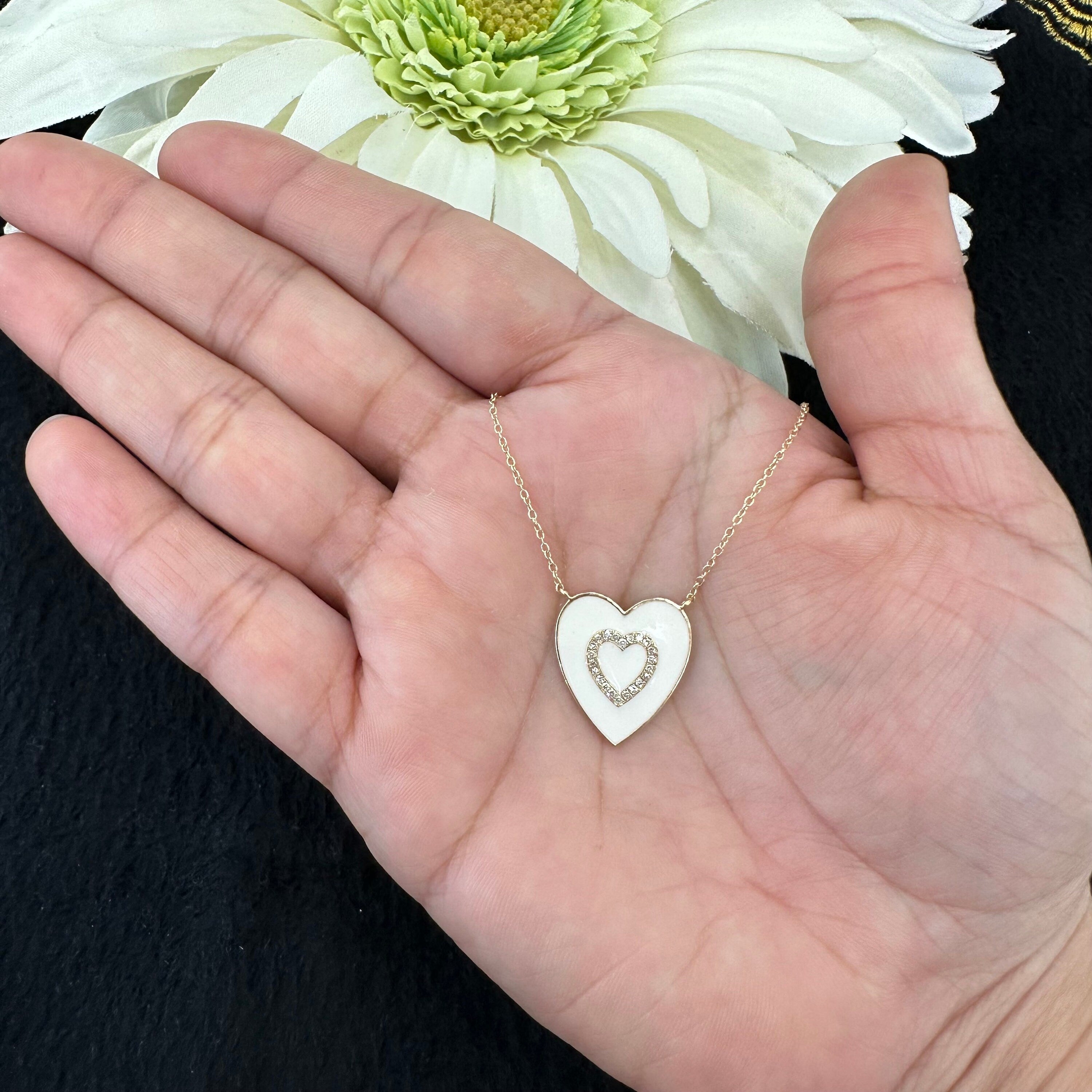 Diamond Heart Baby Pink Enamel Necklace