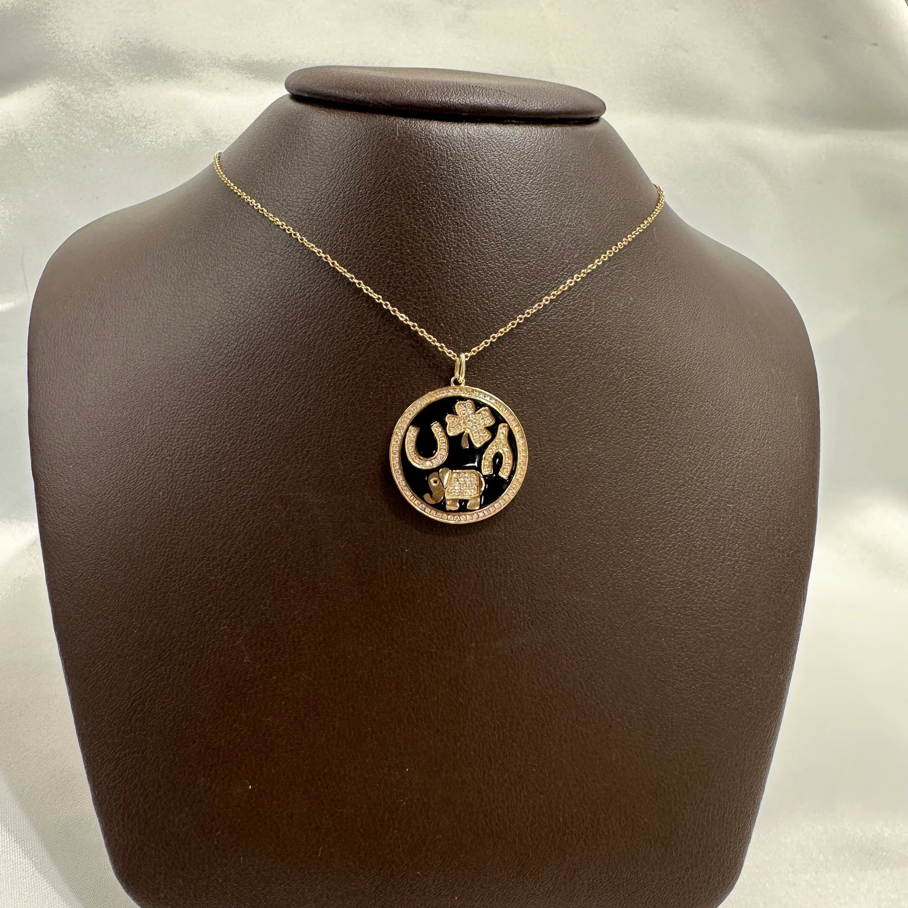 Black Enamel Four Charms Disc Necklace