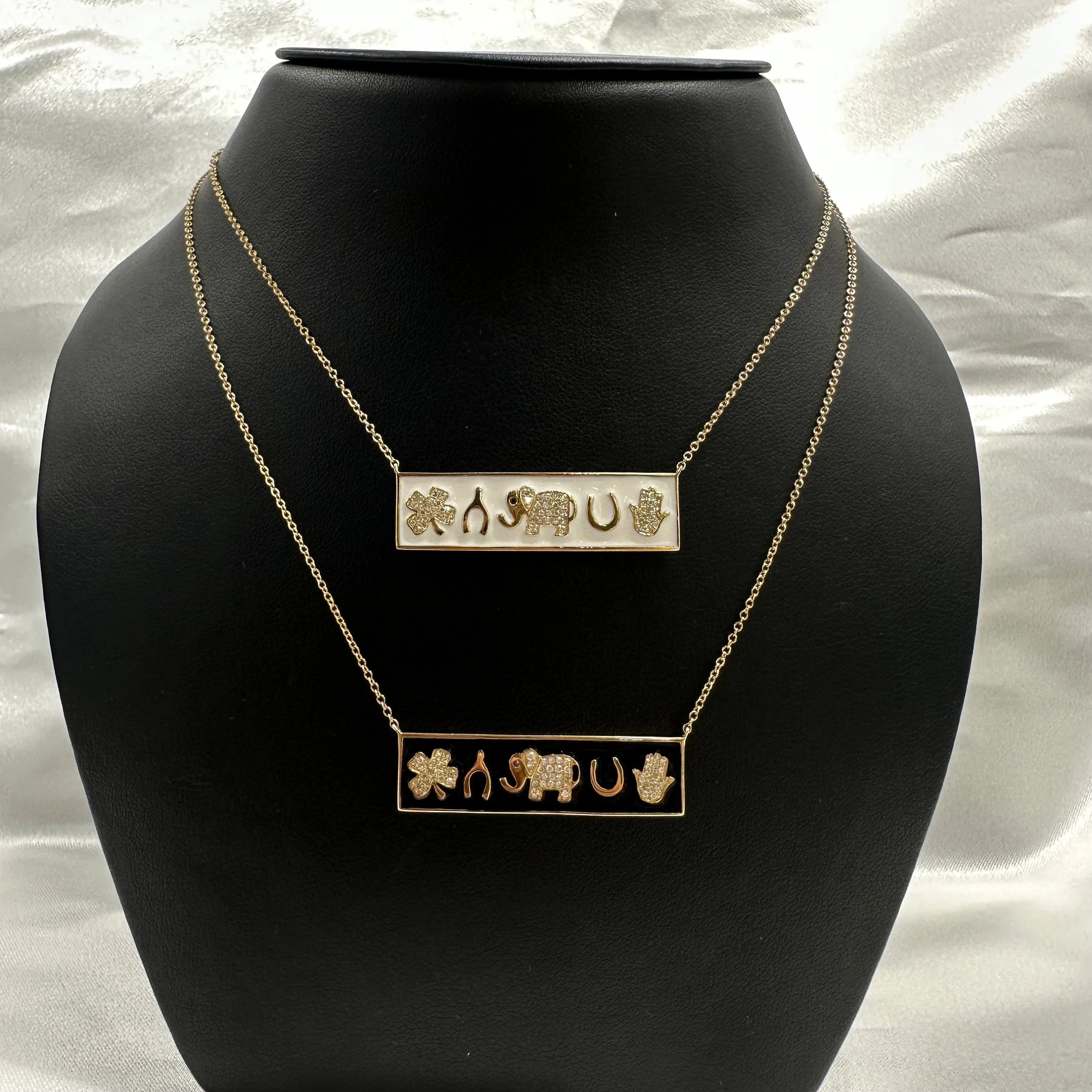 Black Enamel Five Charms Bar Necklace