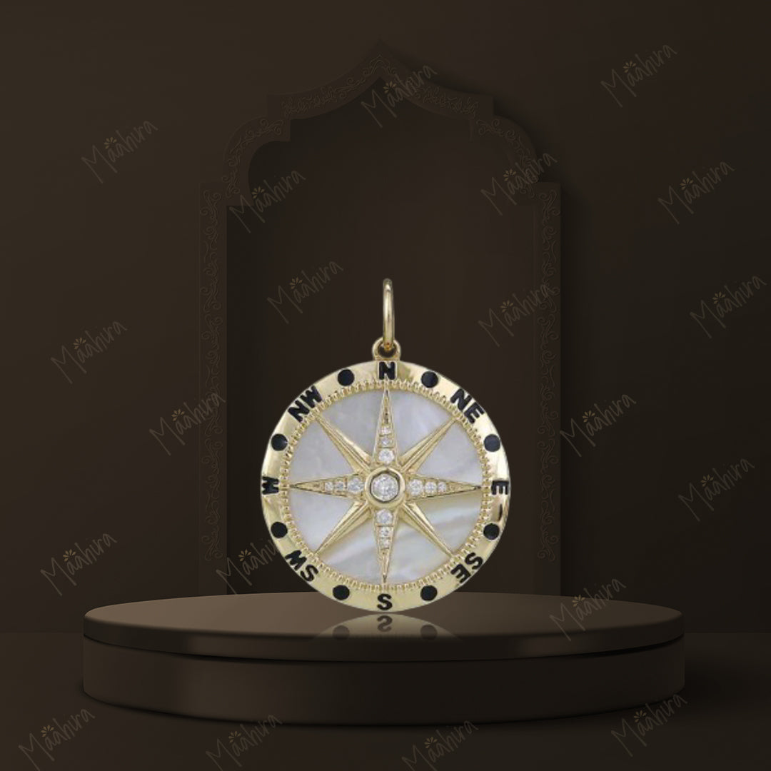 Diamond & Mother of Pearl Compass Star Pendant With Black Enamel 21.50mm