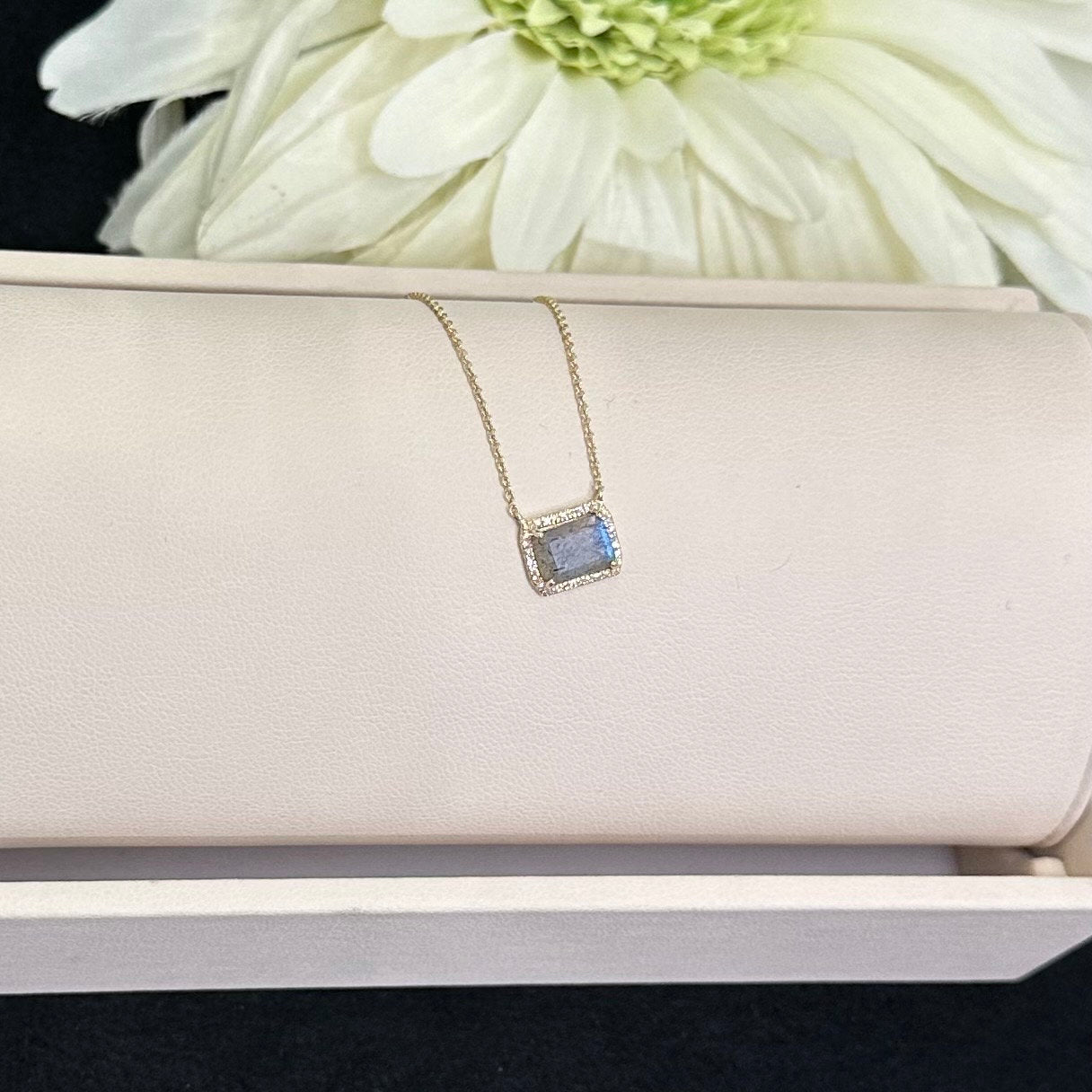 Diamond Edged Rainbow Moonstone Necklace