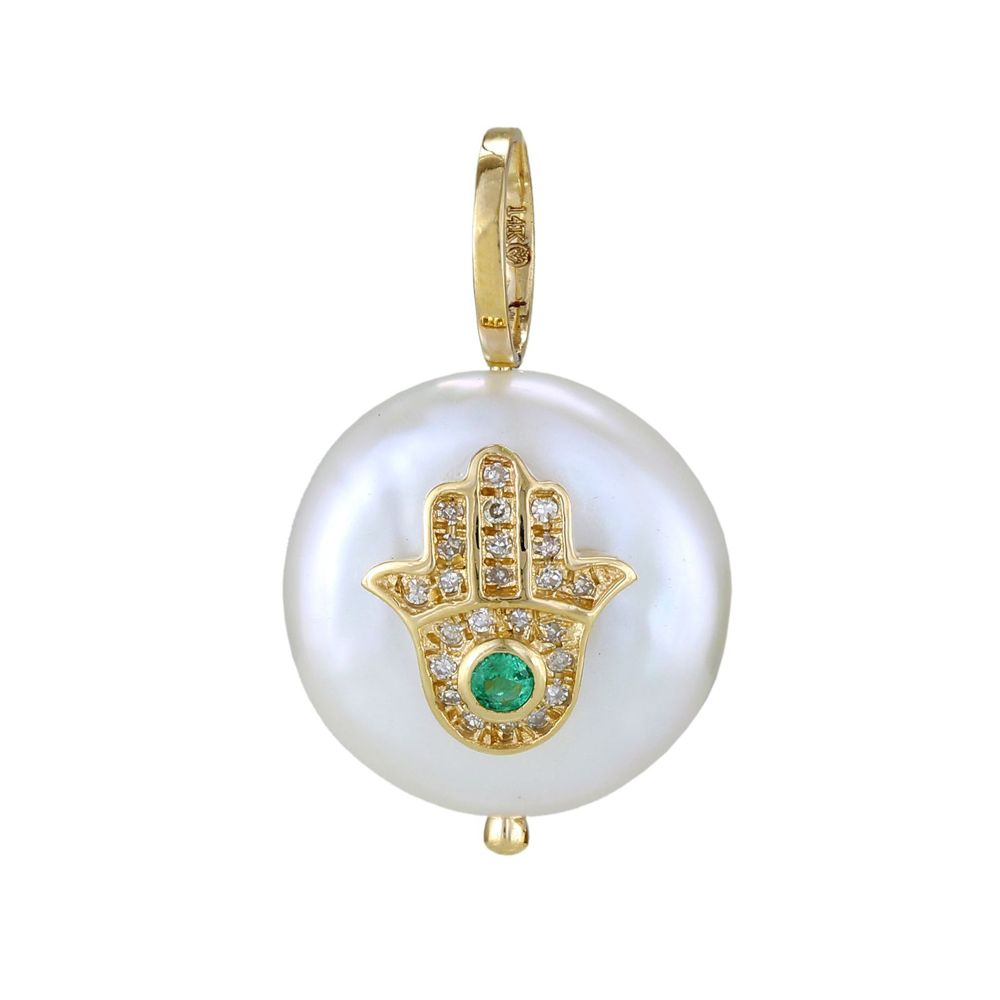 Diamond Emerald/Pink Sapphire/Blue Sapphire Hamsa Hand Pearl Pendant