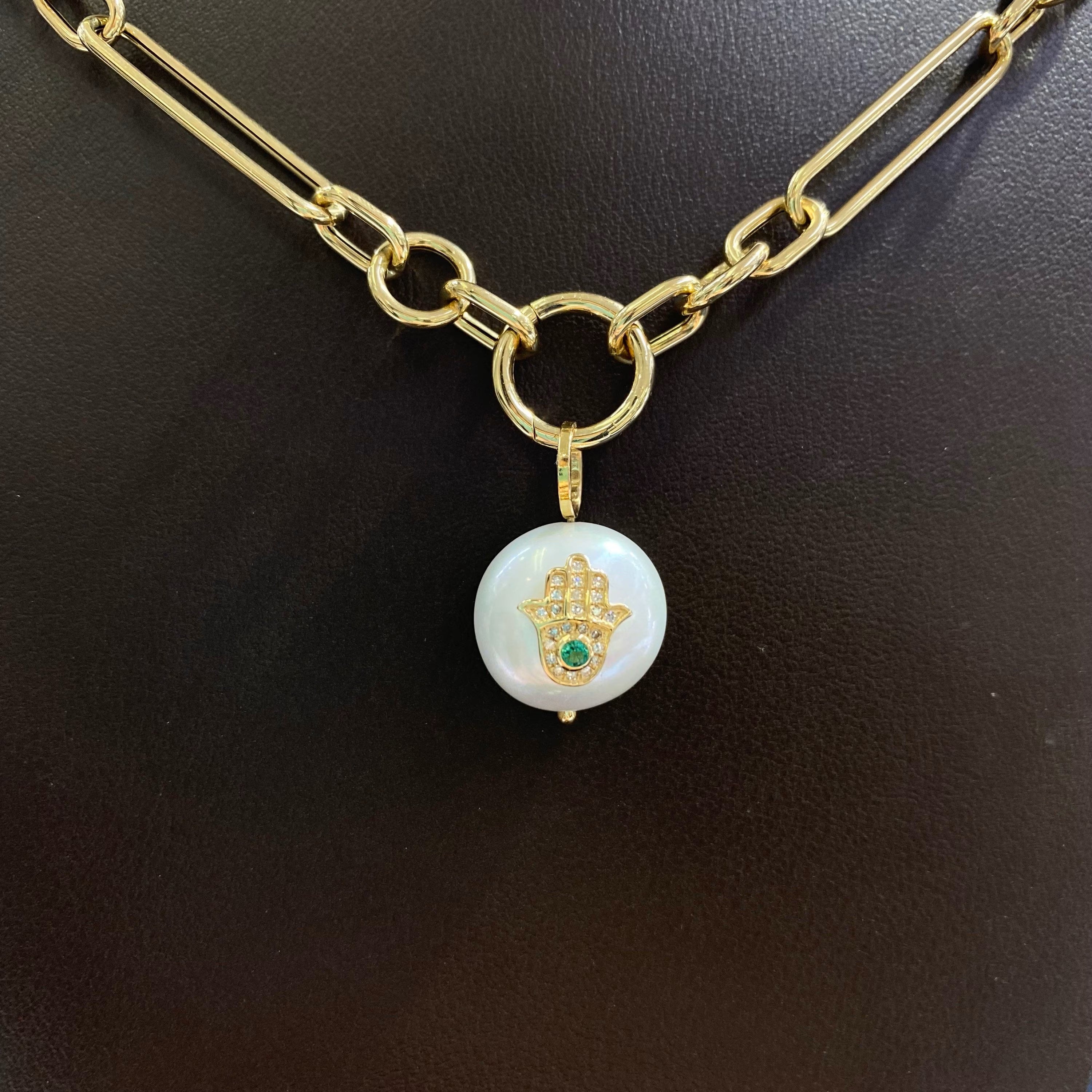 Diamond Emerald/Pink Sapphire/Blue Sapphire Hamsa Hand Pearl Pendant