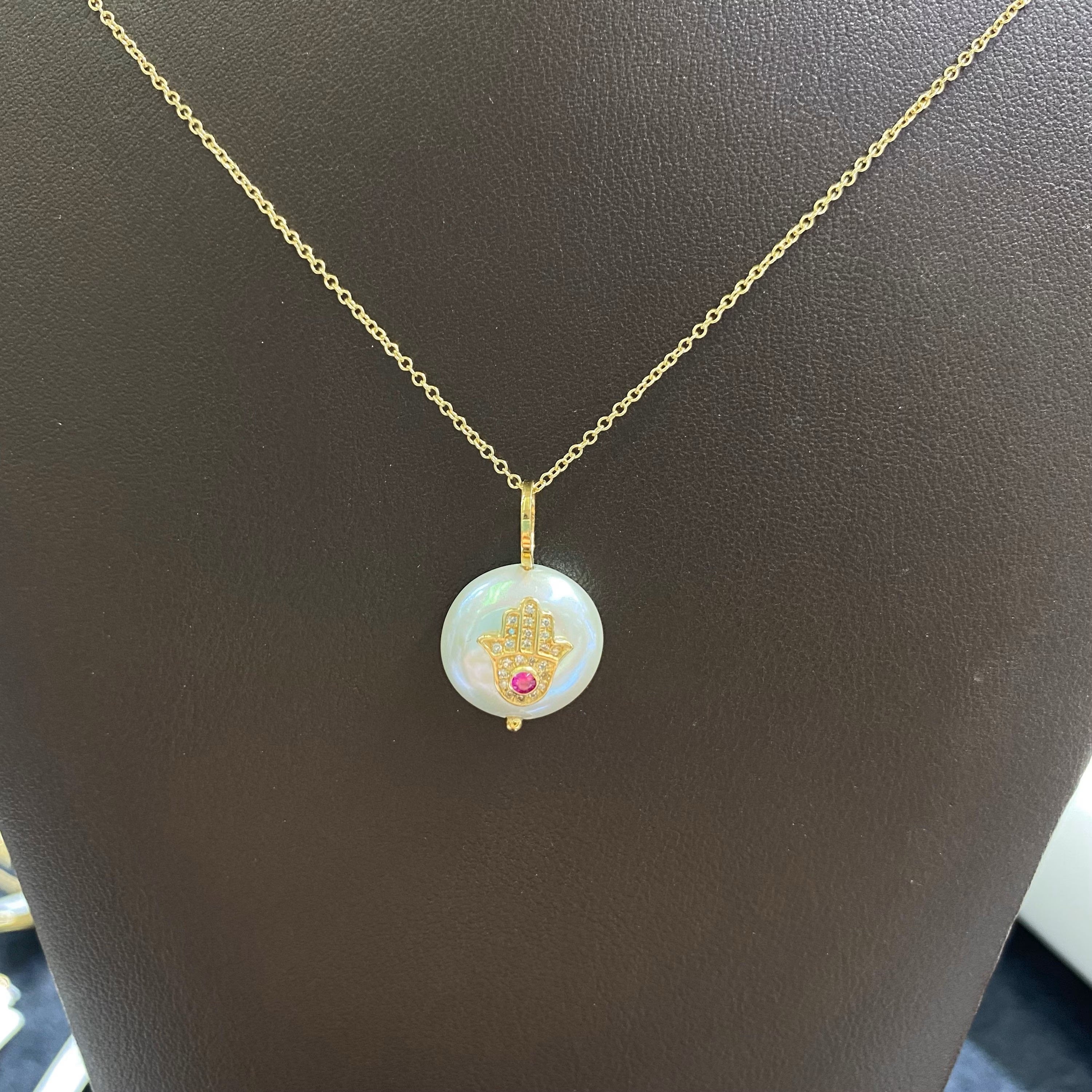 Diamond Emerald/Pink Sapphire/Blue Sapphire Hamsa Hand Pearl Pendant