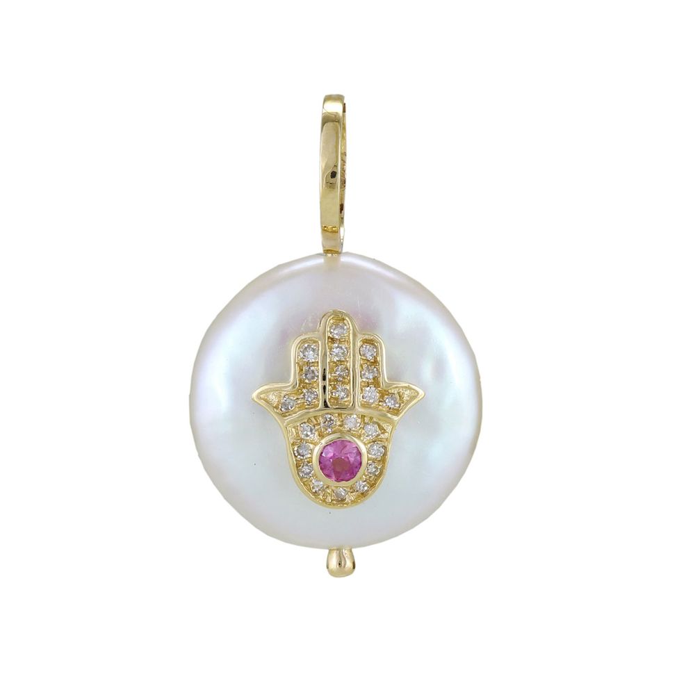 Diamond Emerald/Pink Sapphire/Blue Sapphire Hamsa Hand Pearl Pendant