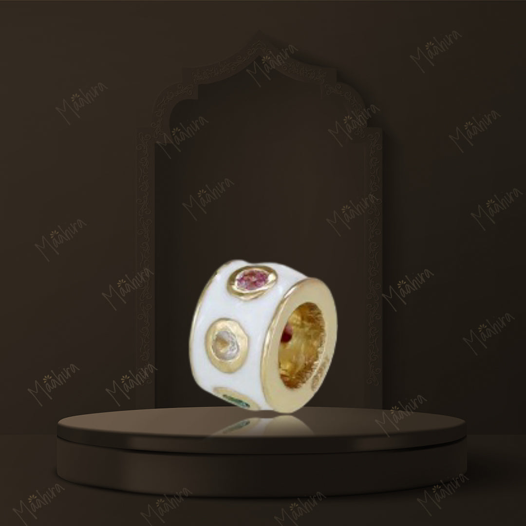 14k Gold Diamond White Enamel Rondelle Bead / Roundel Bead