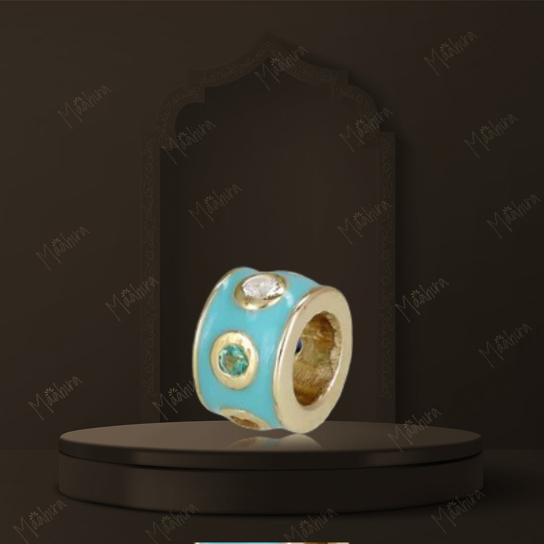 14k Gold Diamond Rondelle Bead / Roundel Bead with turquoise Enamel