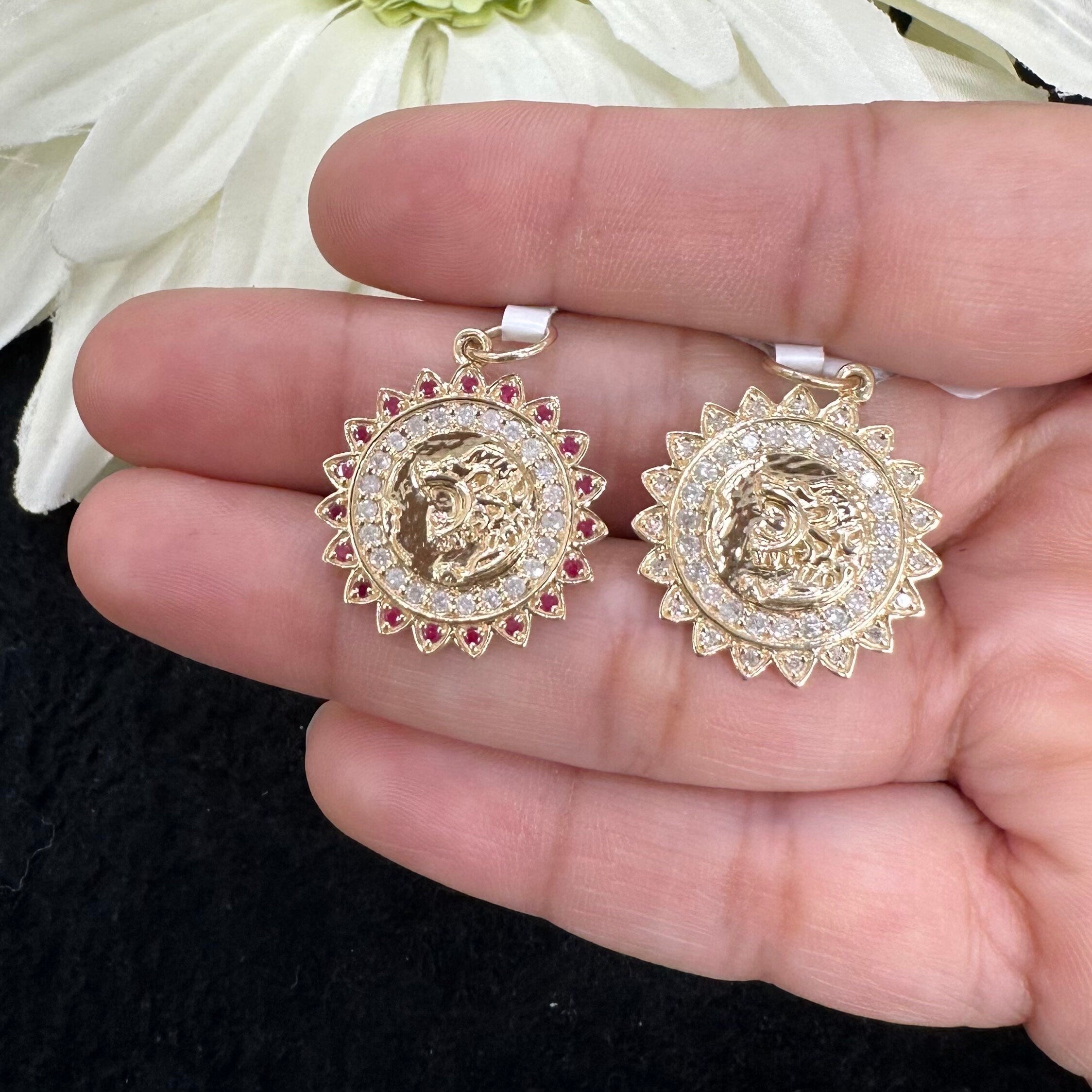 Diamond & Pink Sapphire Lion face Pendant 20mm