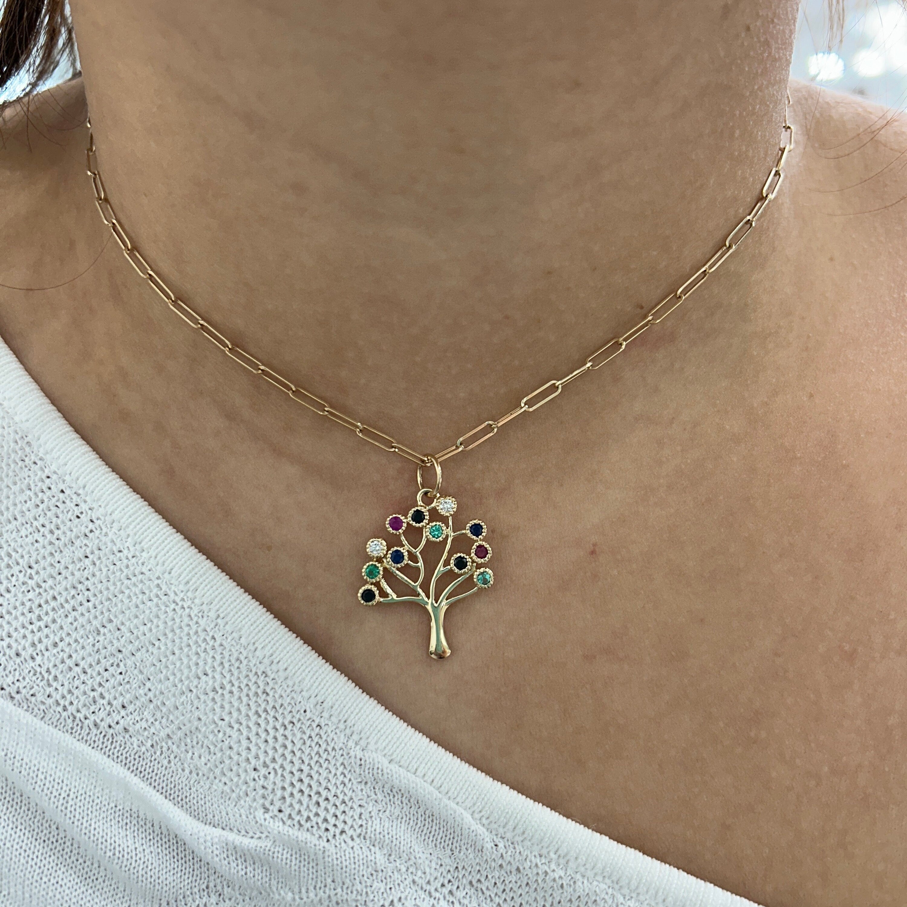 Multicolor Sapphire Family Tree Pendant Necklace