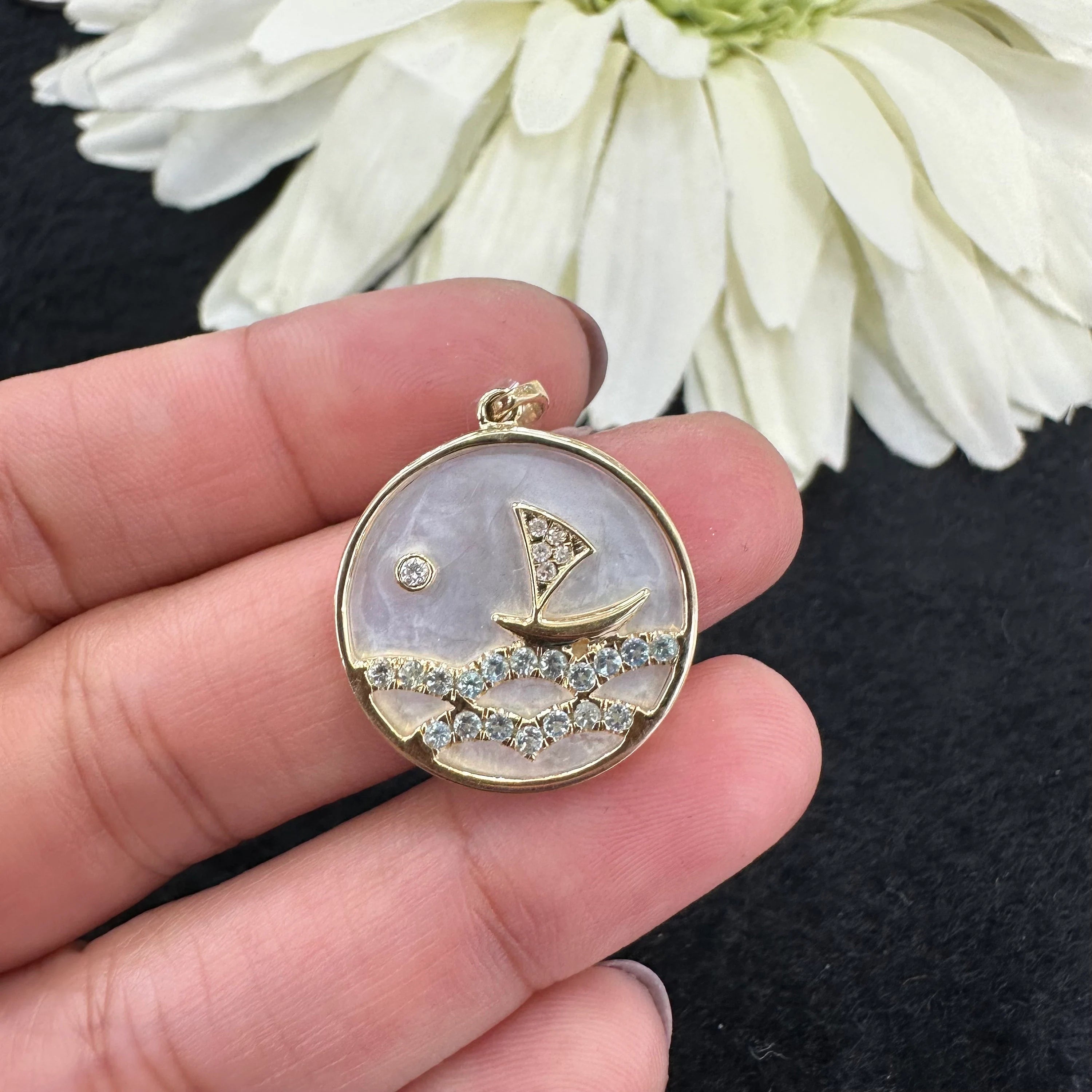 Diamond & Blue Topaz Mother Of Pearl Pendant 20mm