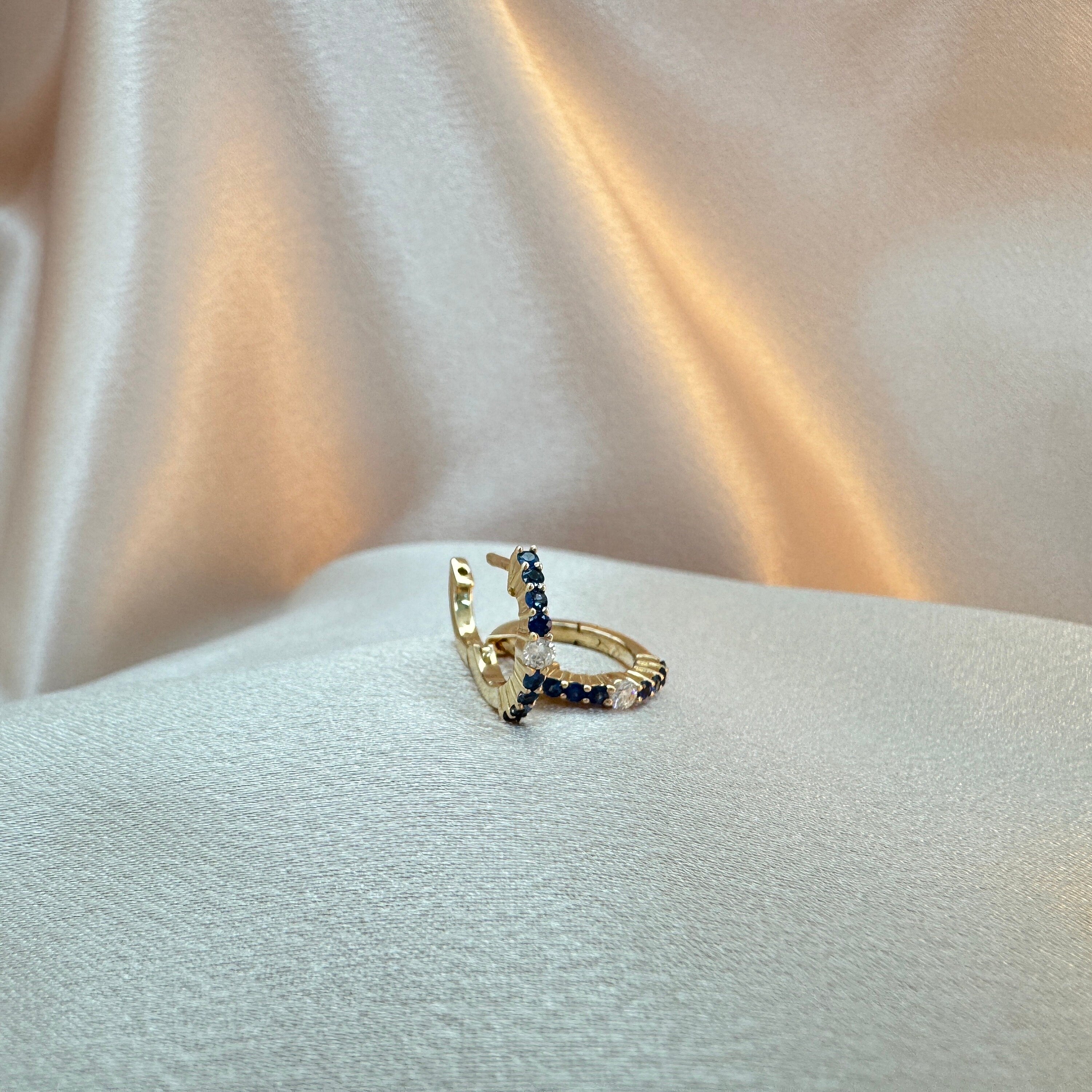 Diamond & Blue Sapphire Huggies 13mm