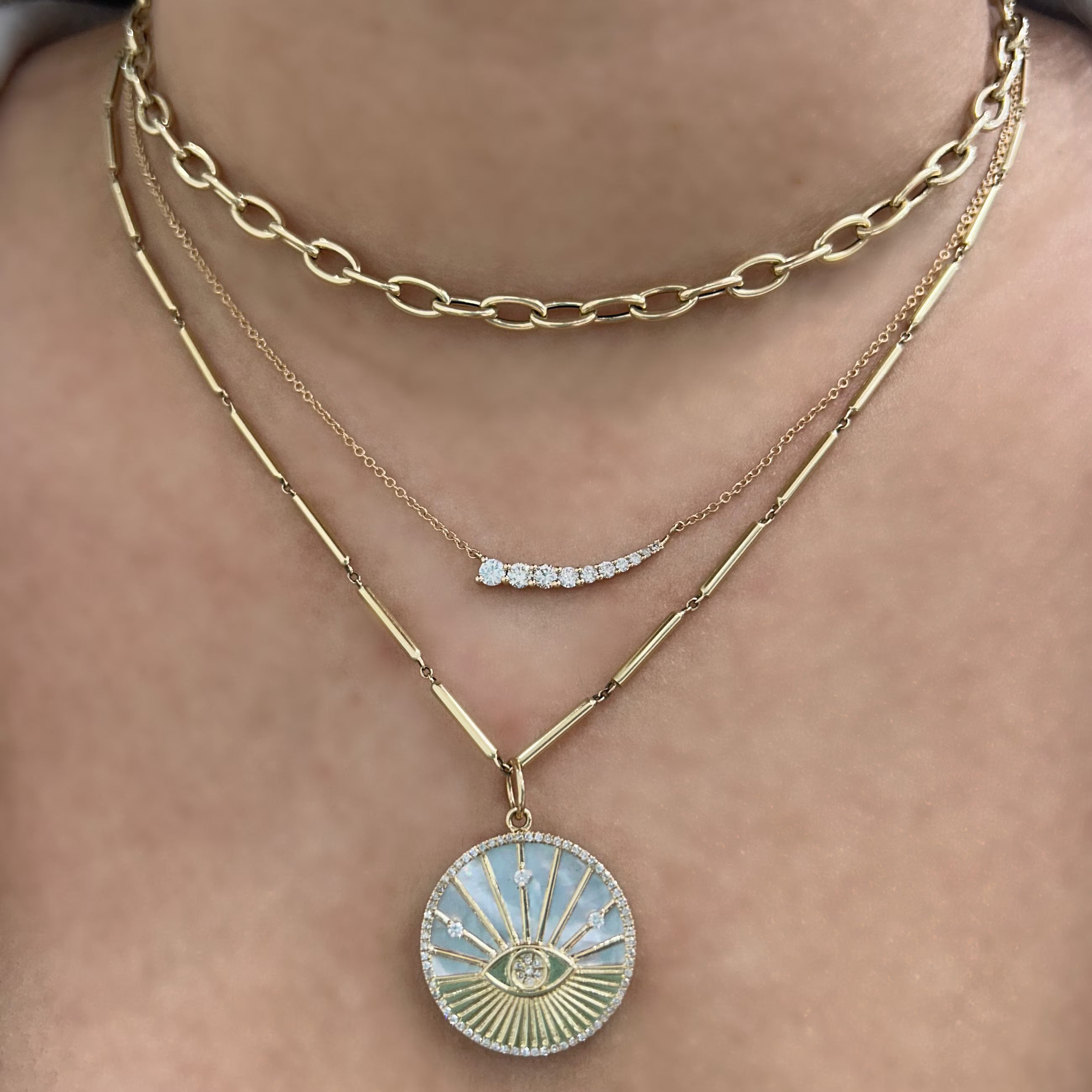 Oval Diamond & Mother Of Pearl Evil Eye Pendant