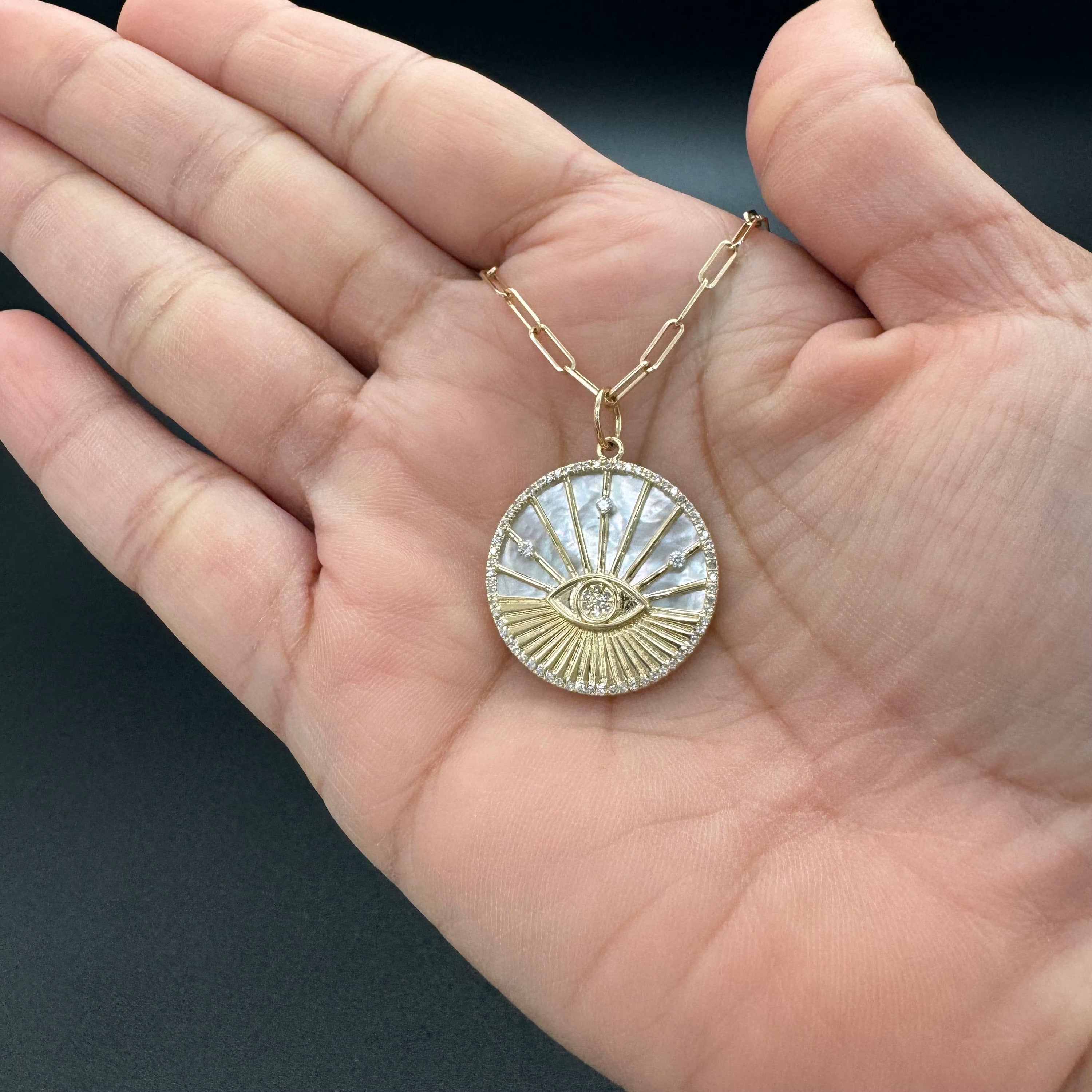 Oval Diamond & Mother Of Pearl Evil Eye Pendant