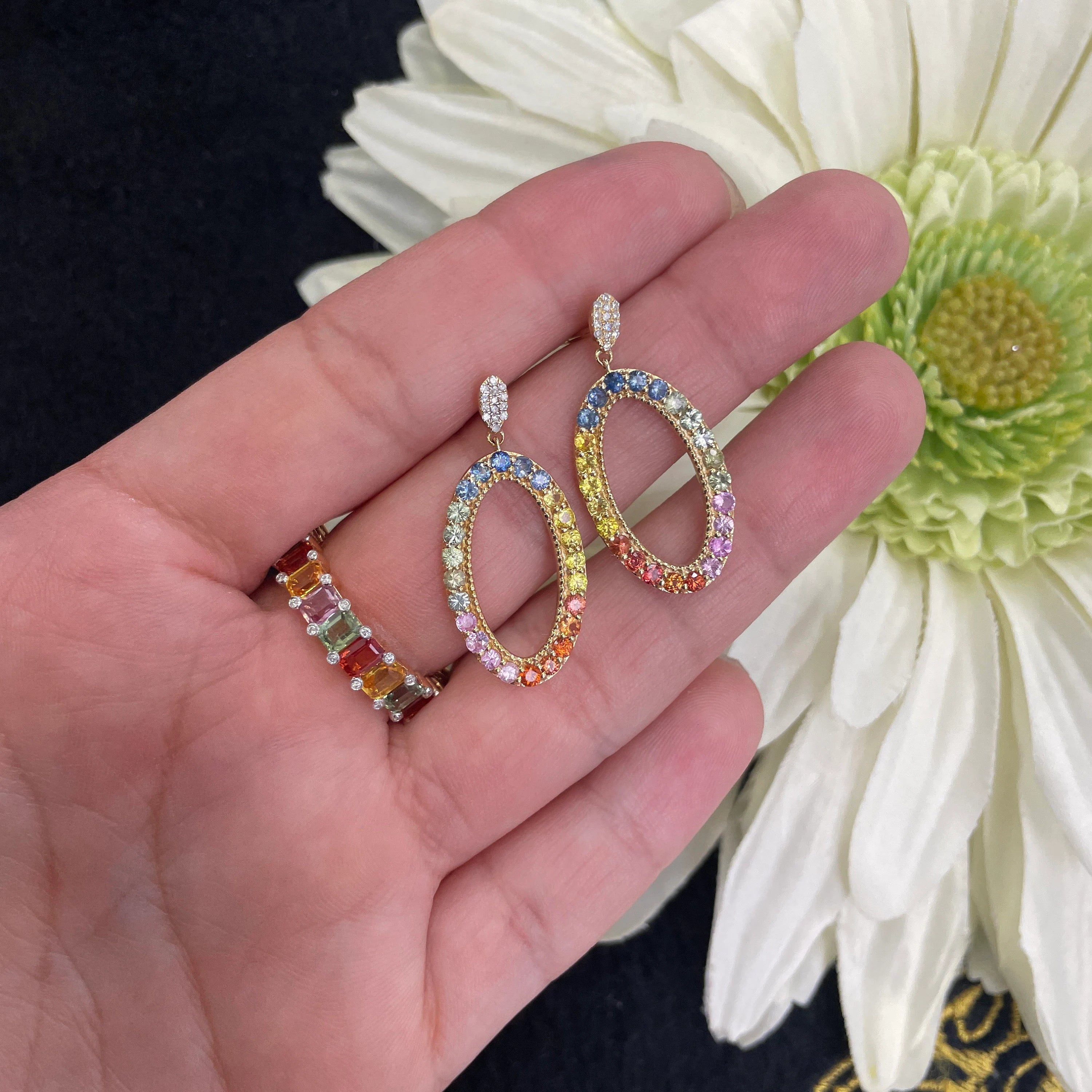 Classic Multi Sapphire Earring in 14k Yellow gold 28x14
