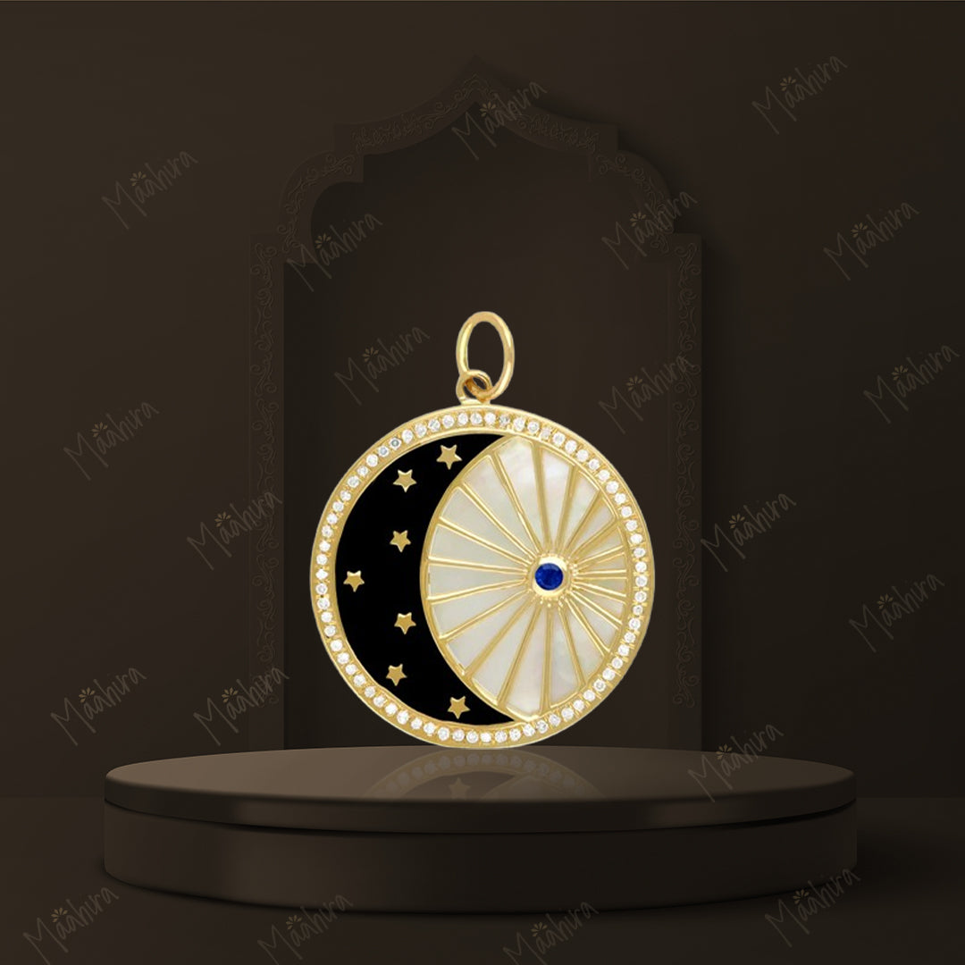 Black Enamel Mother of Pearl/Sapphire/Diamond Moon & Star Pendant 24mm