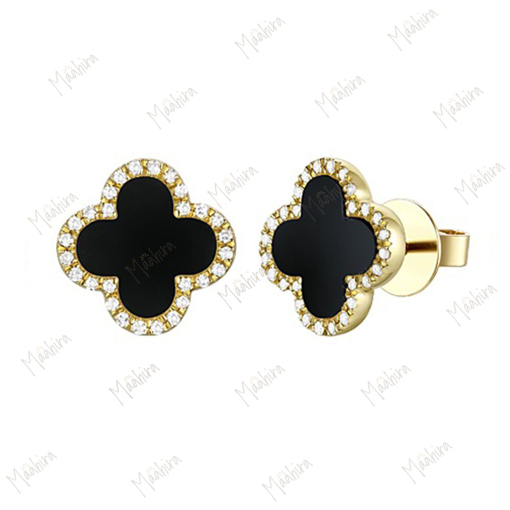 Black Onyx & Diamond Clover Studs 9mm