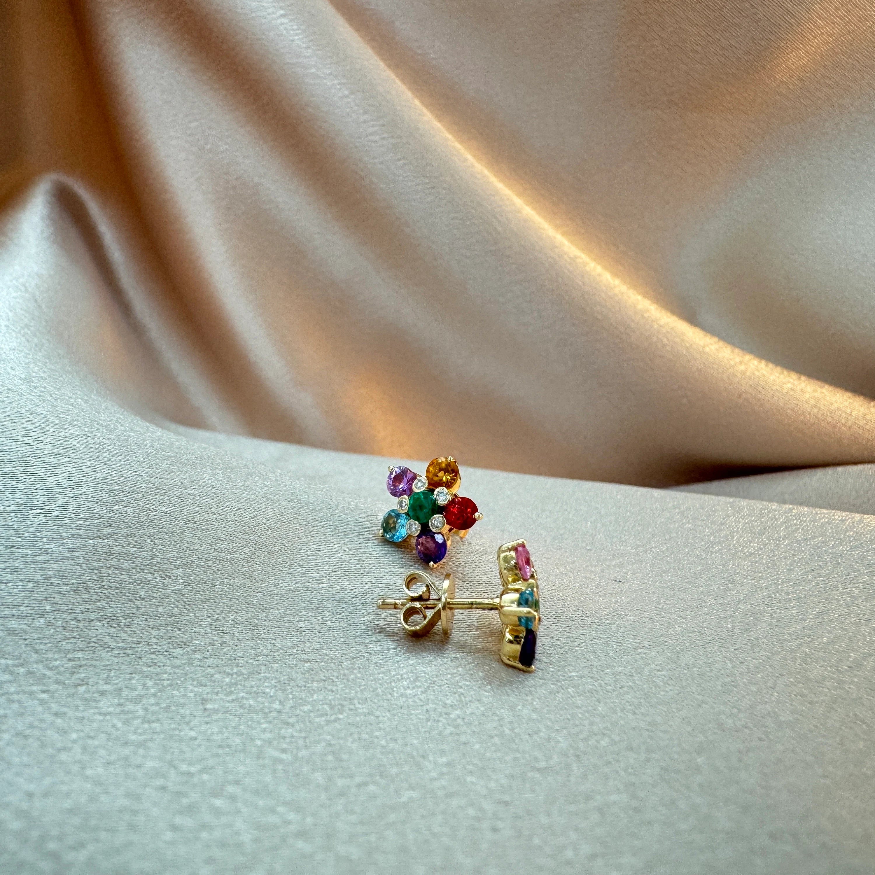 Diamond & Multi Color Flower Stud Earrings