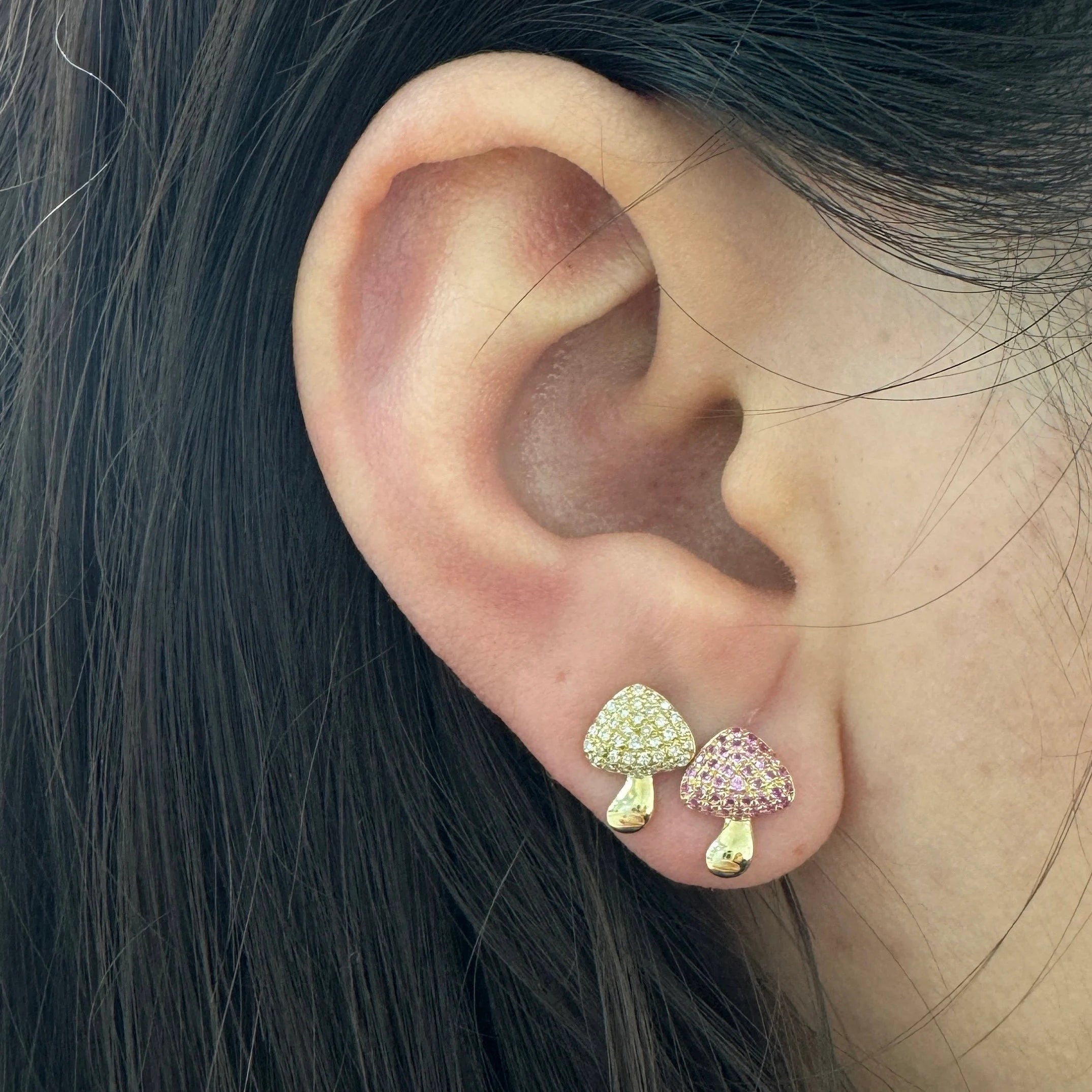 Diamond Mushroom Stud Earrings 10x7.5mm