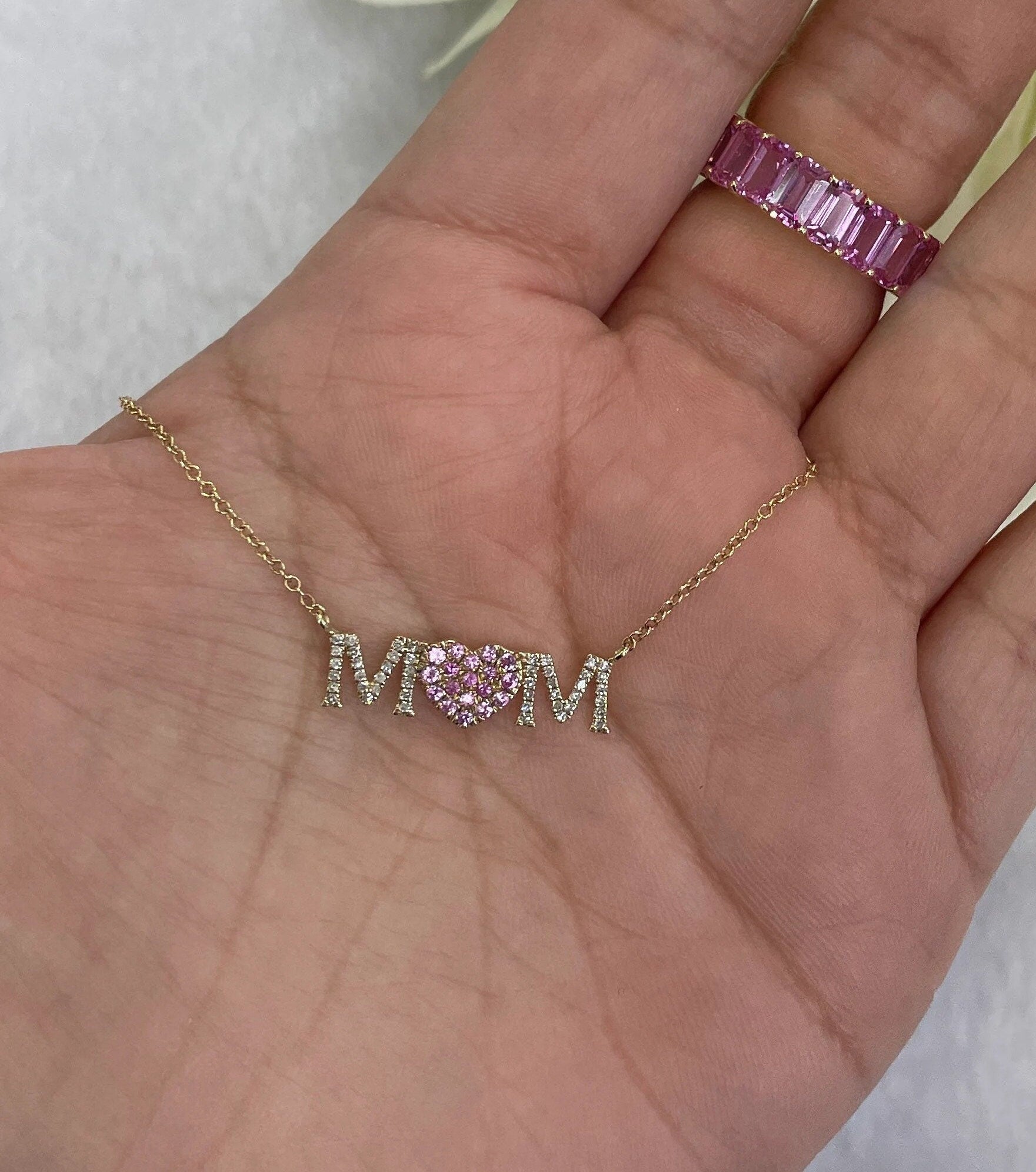 Diamond & Ruby Mom Word Necklace