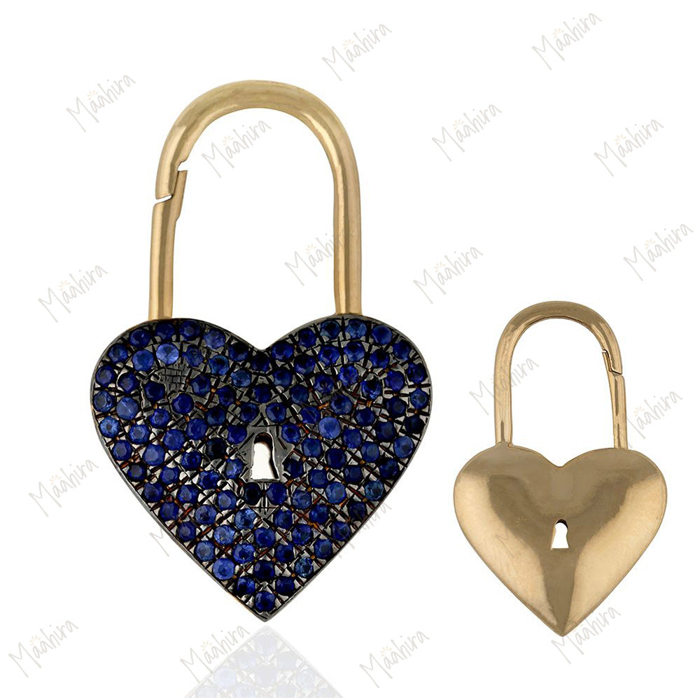 Blue Sapphire Lock Pattern Open/Close Heart Pendant 16x25mm