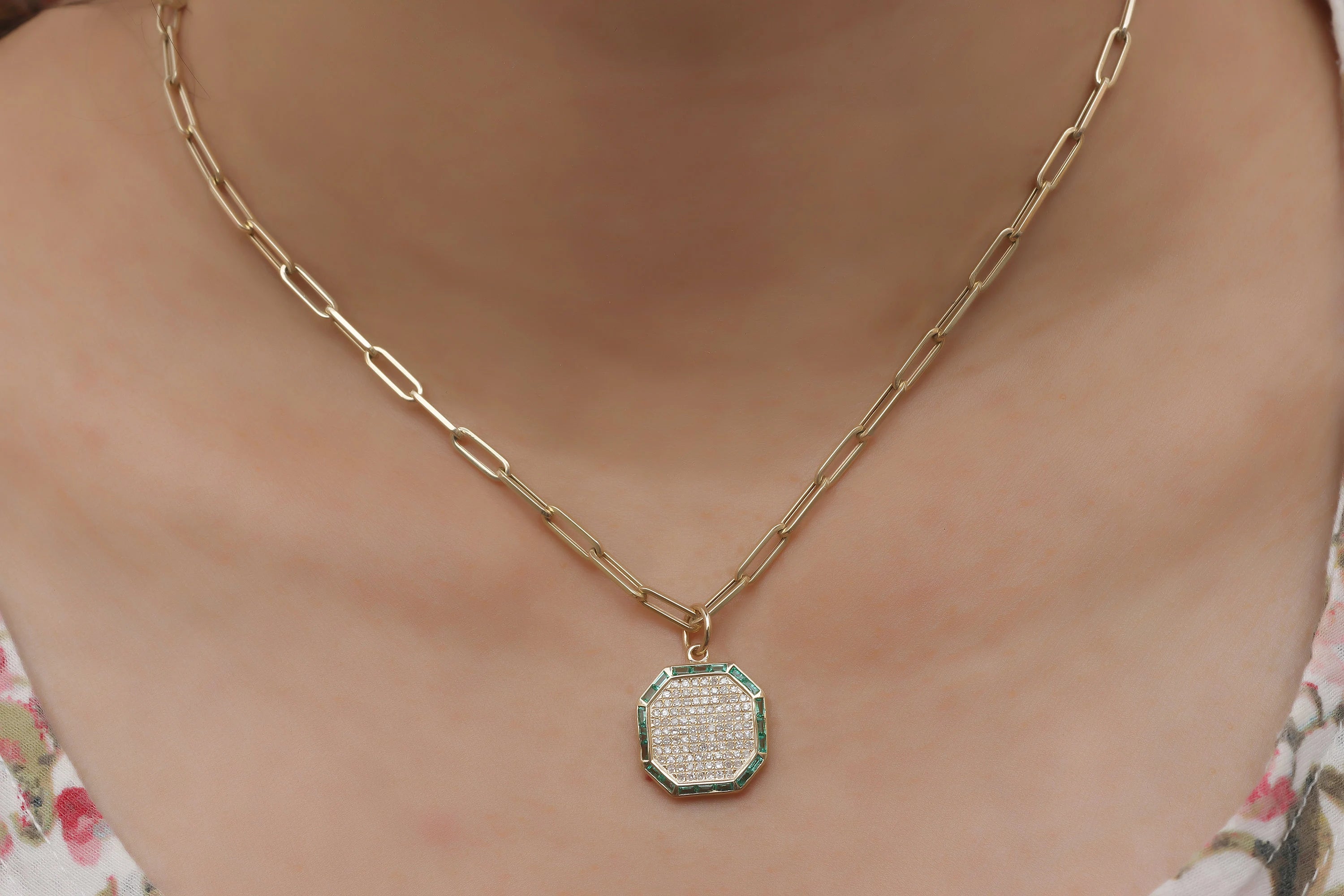 Diamond Baguette Cut Emerald Octagon Pendant 15mm
