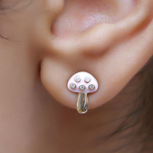 Diamond Mushroom Studs With Green Enamel