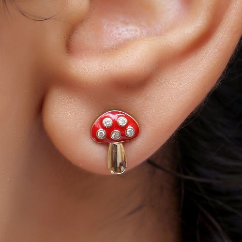Diamond Mushroom Studs With Green Enamel