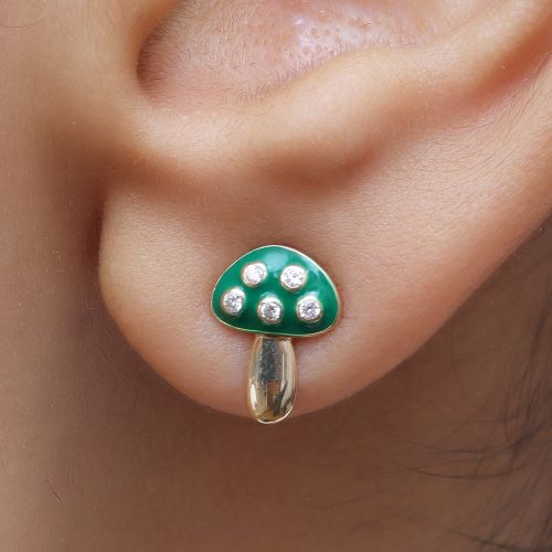 Diamond Mushroom Studs With Green Enamel