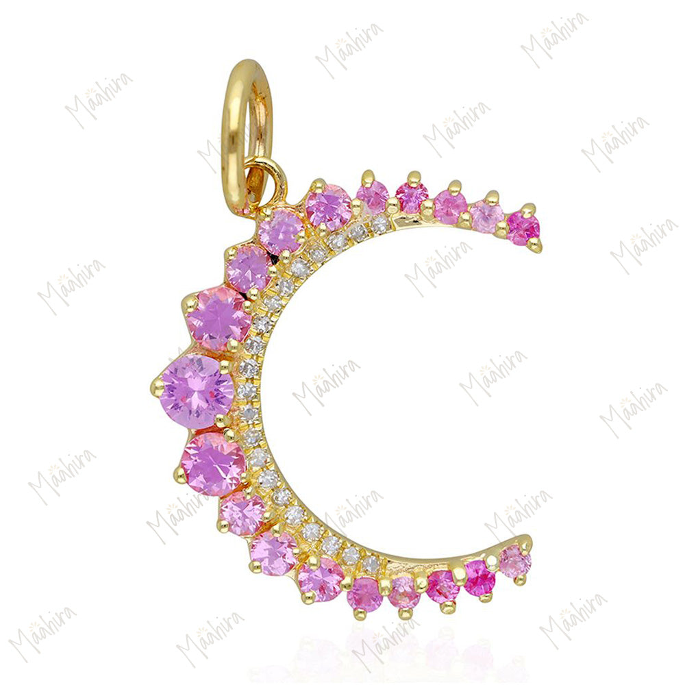 Diamond Pink Sapphire Moon Pendant 19x20mm
