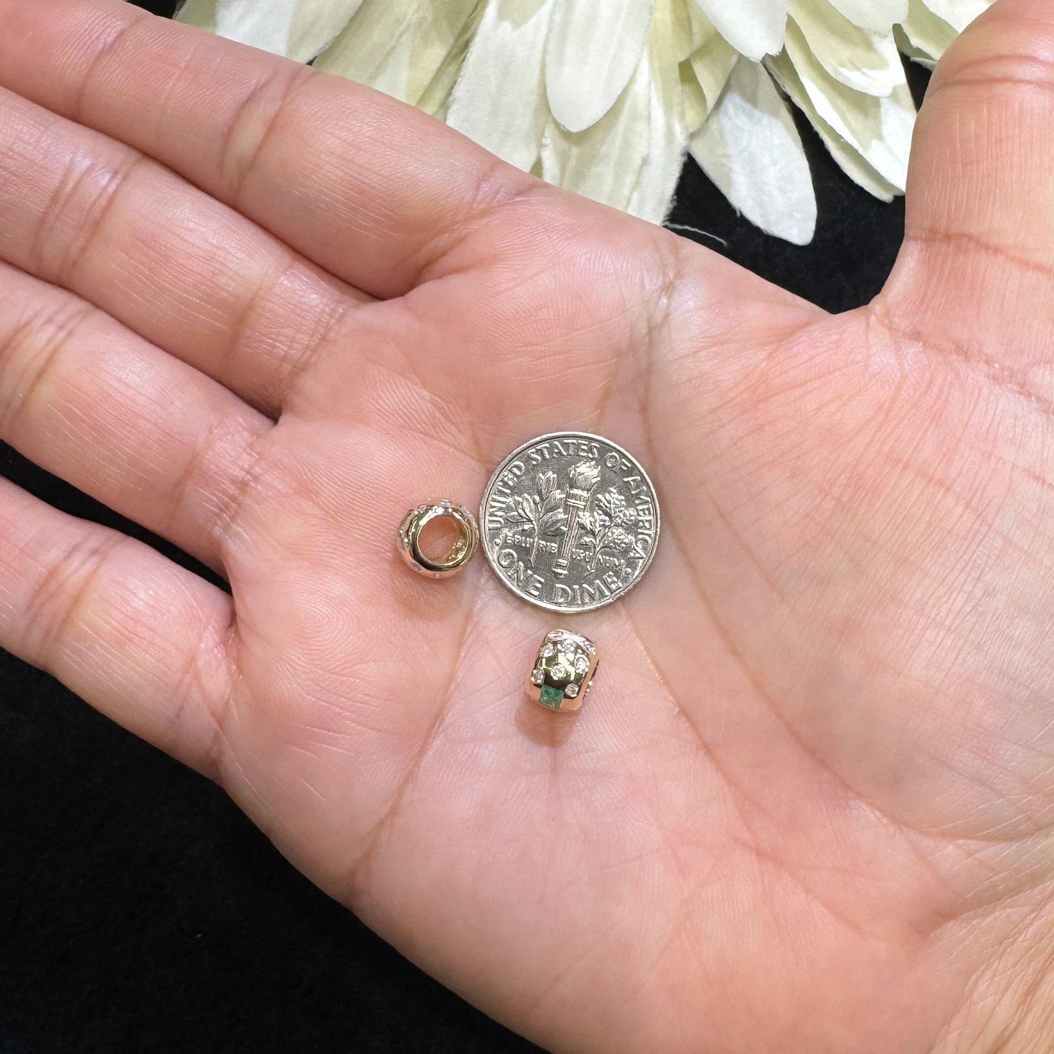 14k Gold Diamond & Emerald Rondelle Bead / Roundel Charm 5.80x7.50mm