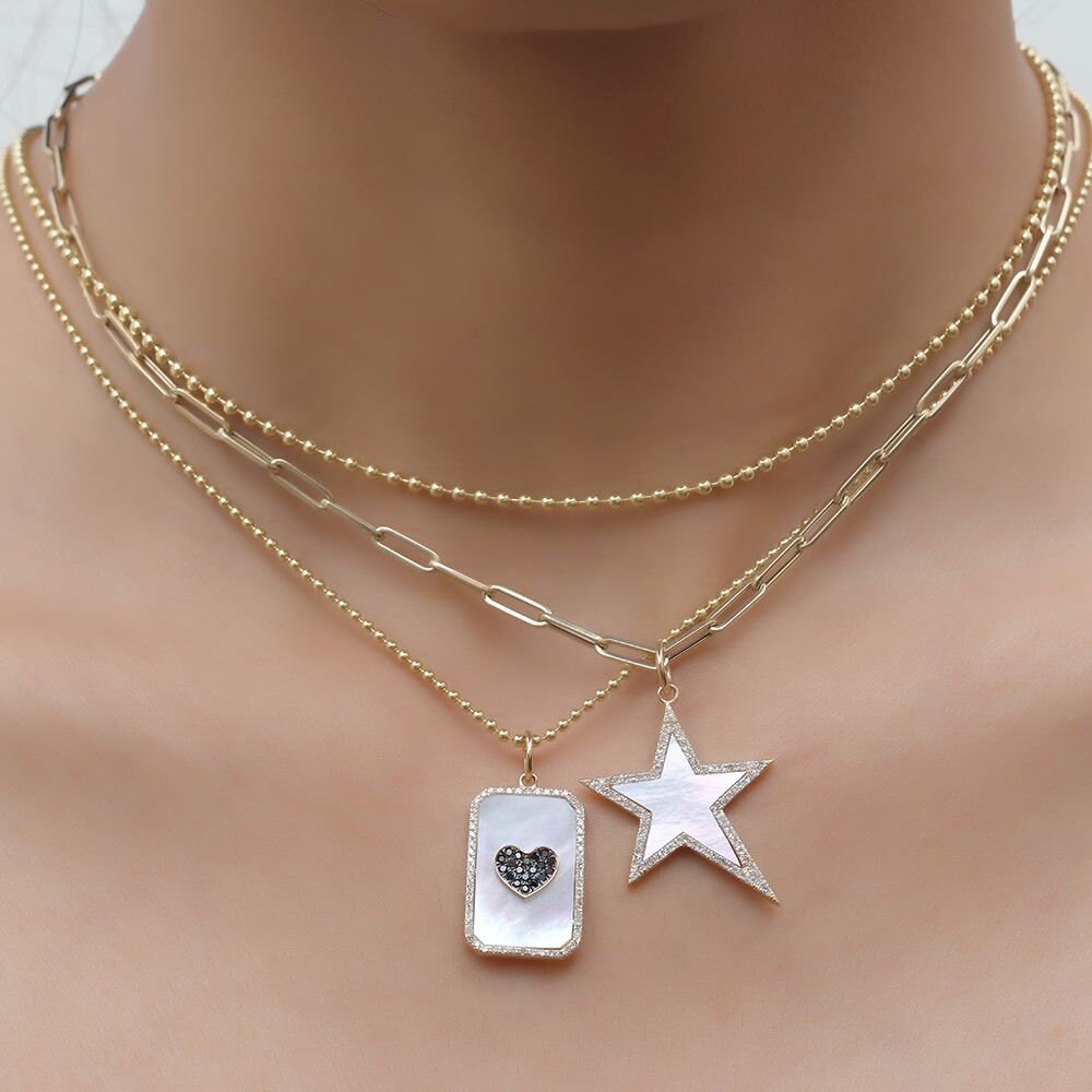 Diamond & Mother Of Pearl / Black Diamond Heart Pendant 24x10mm