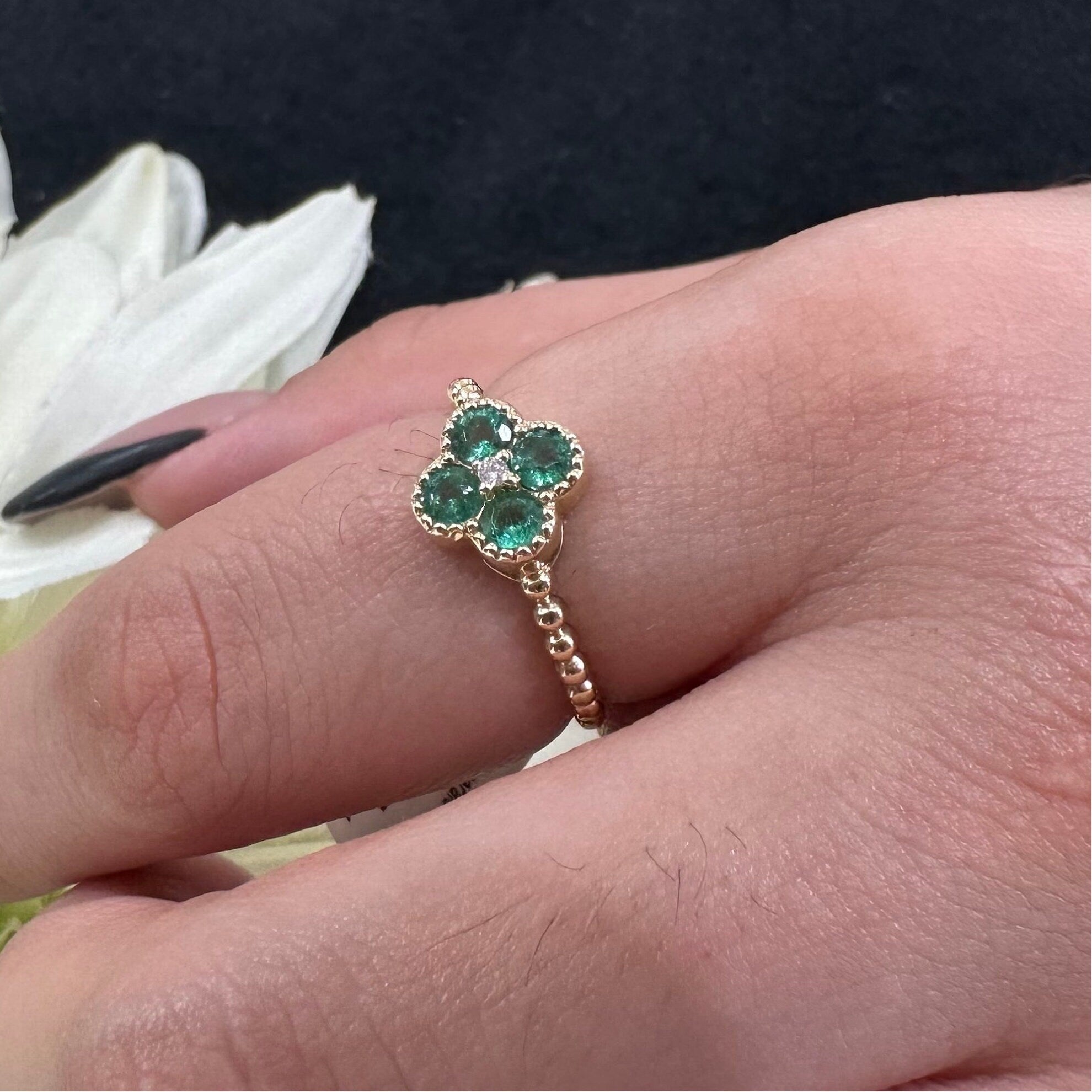 Diamond Emerald Clover Flower Ring - 5