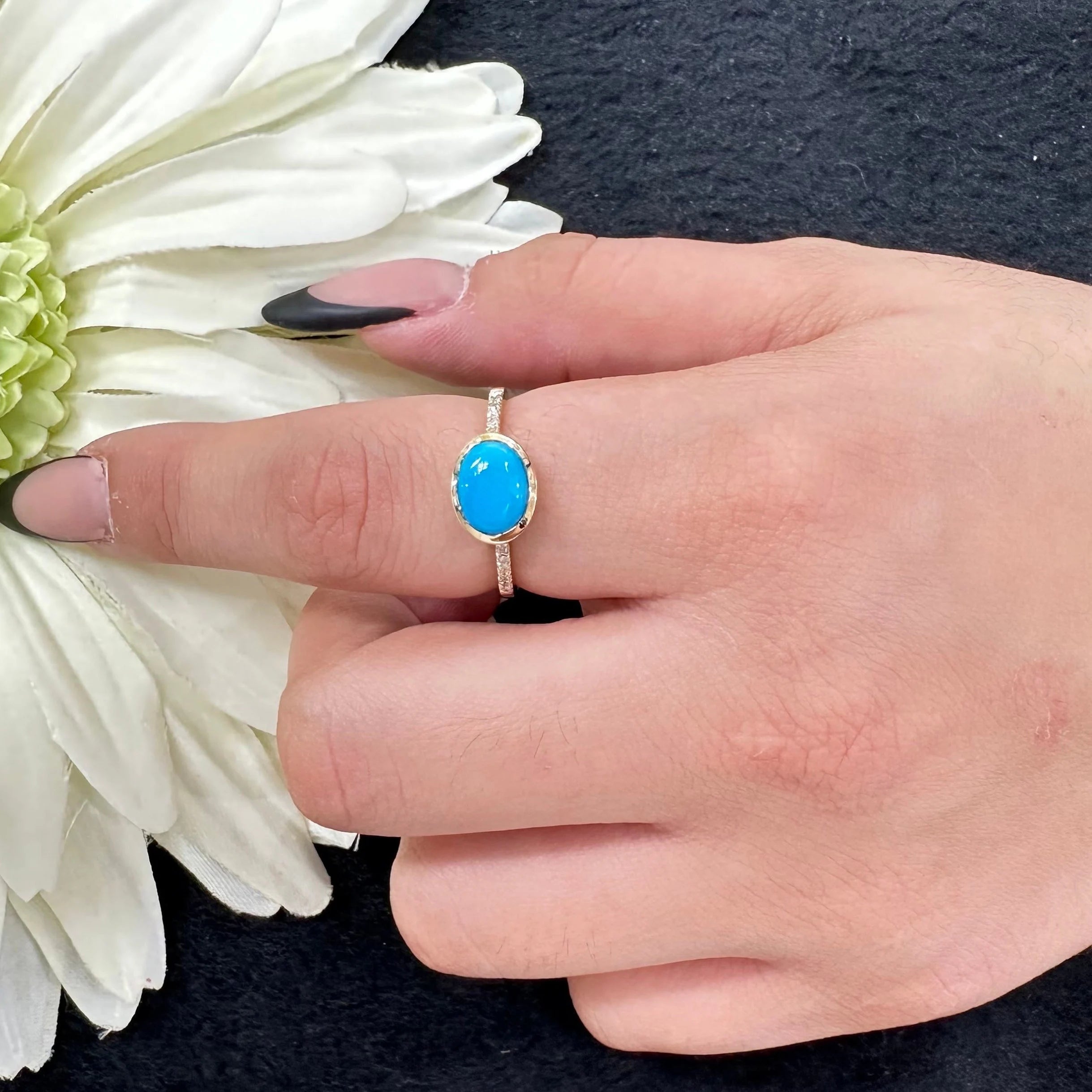 Diamond & 6x8 Oval Cut Turquoise Ring - 5