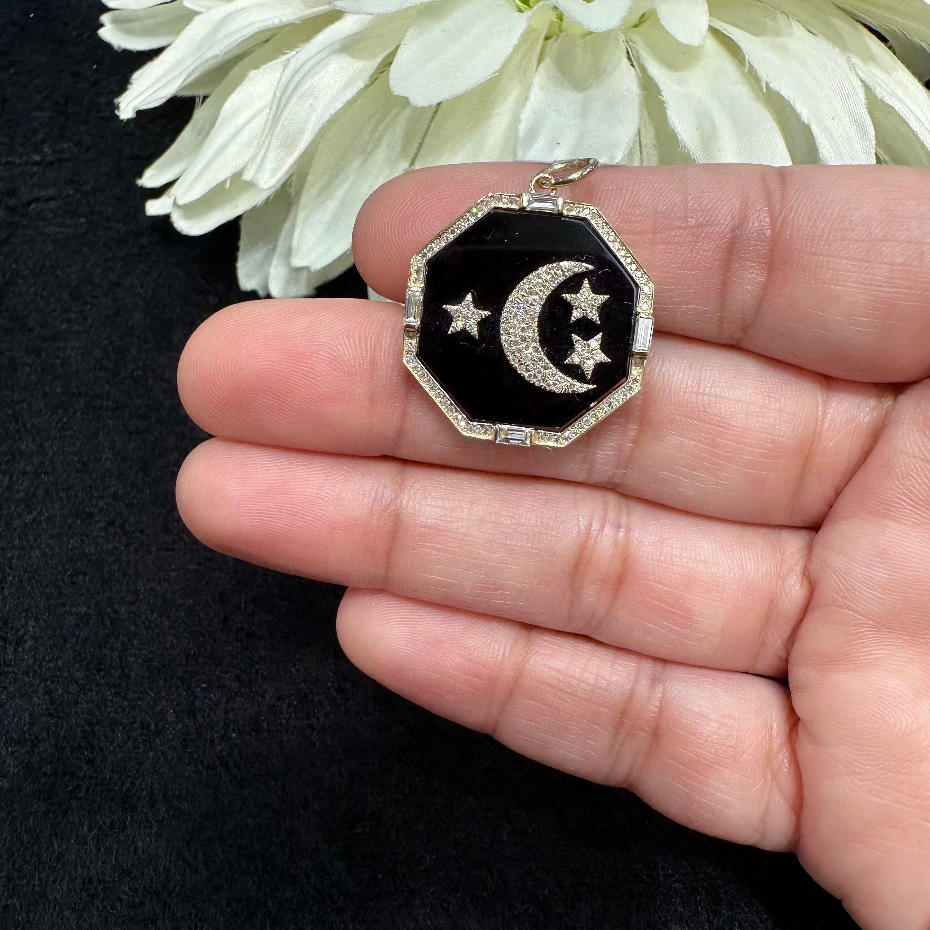 Diamond & Black Onyx Moon / Star Pendant 22.65mm