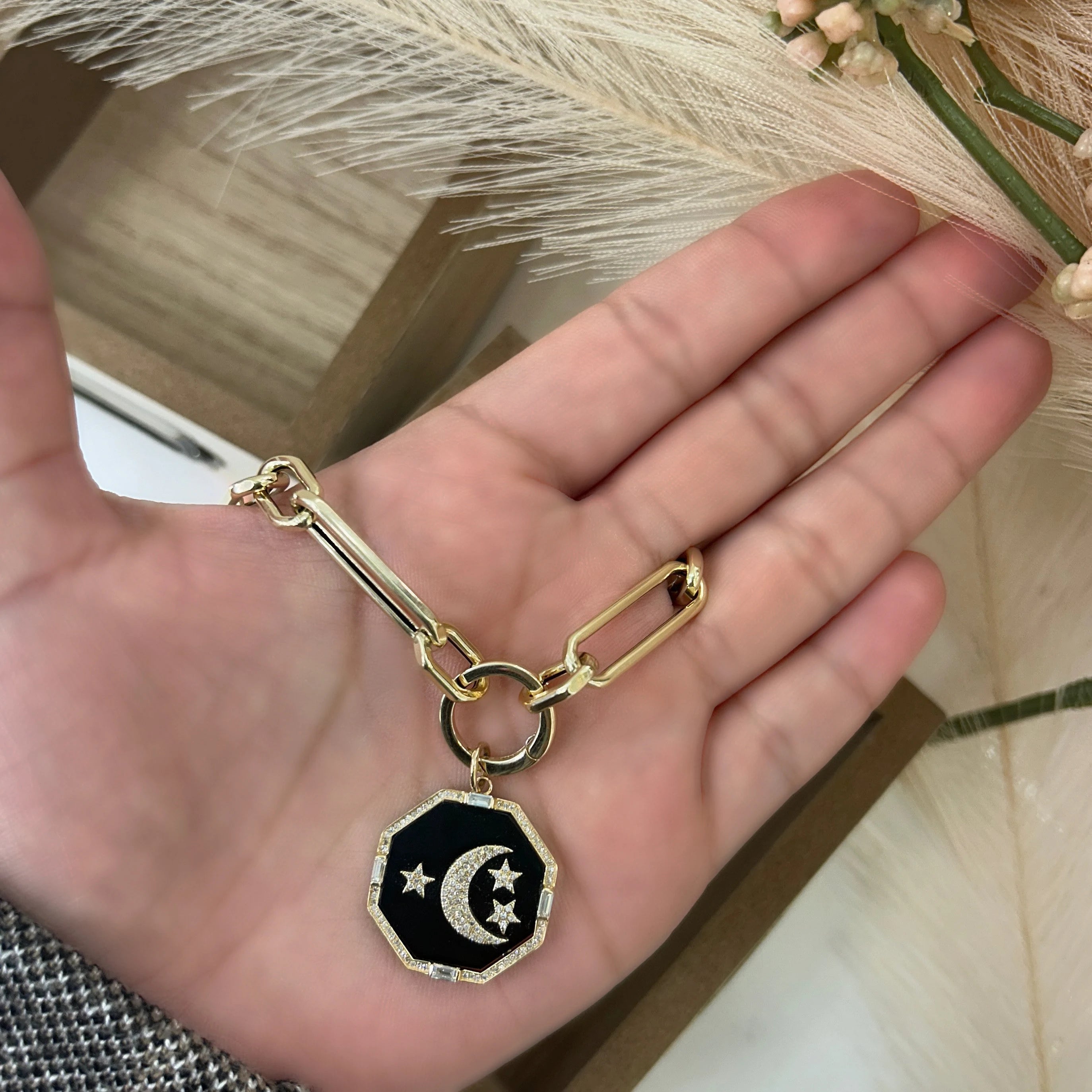 Diamond & Black Onyx Moon / Star Pendant 22.65mm
