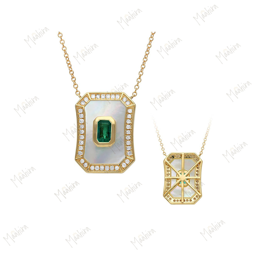 Diamond Emerald Mother Of Pearl Pendant Necklace