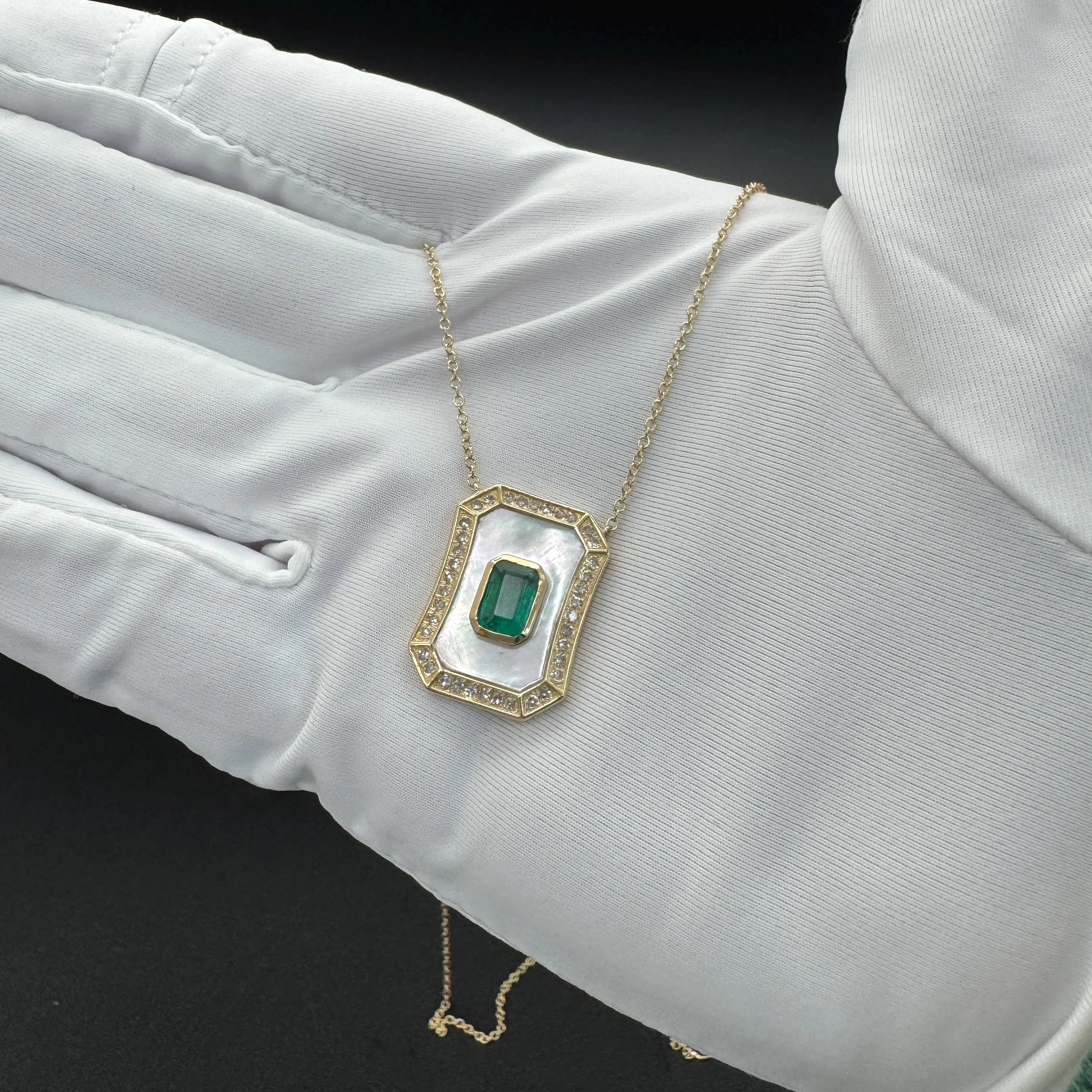 Diamond Emerald Mother Of Pearl Pendant Necklace