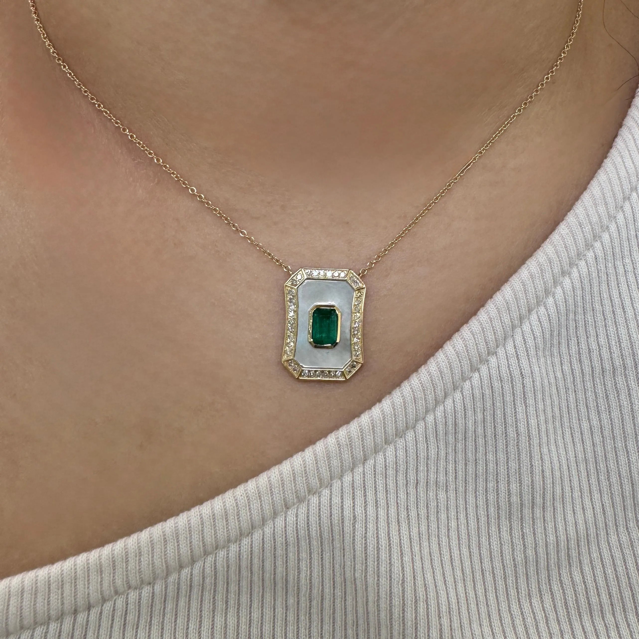 Diamond Emerald Mother Of Pearl Pendant Necklace