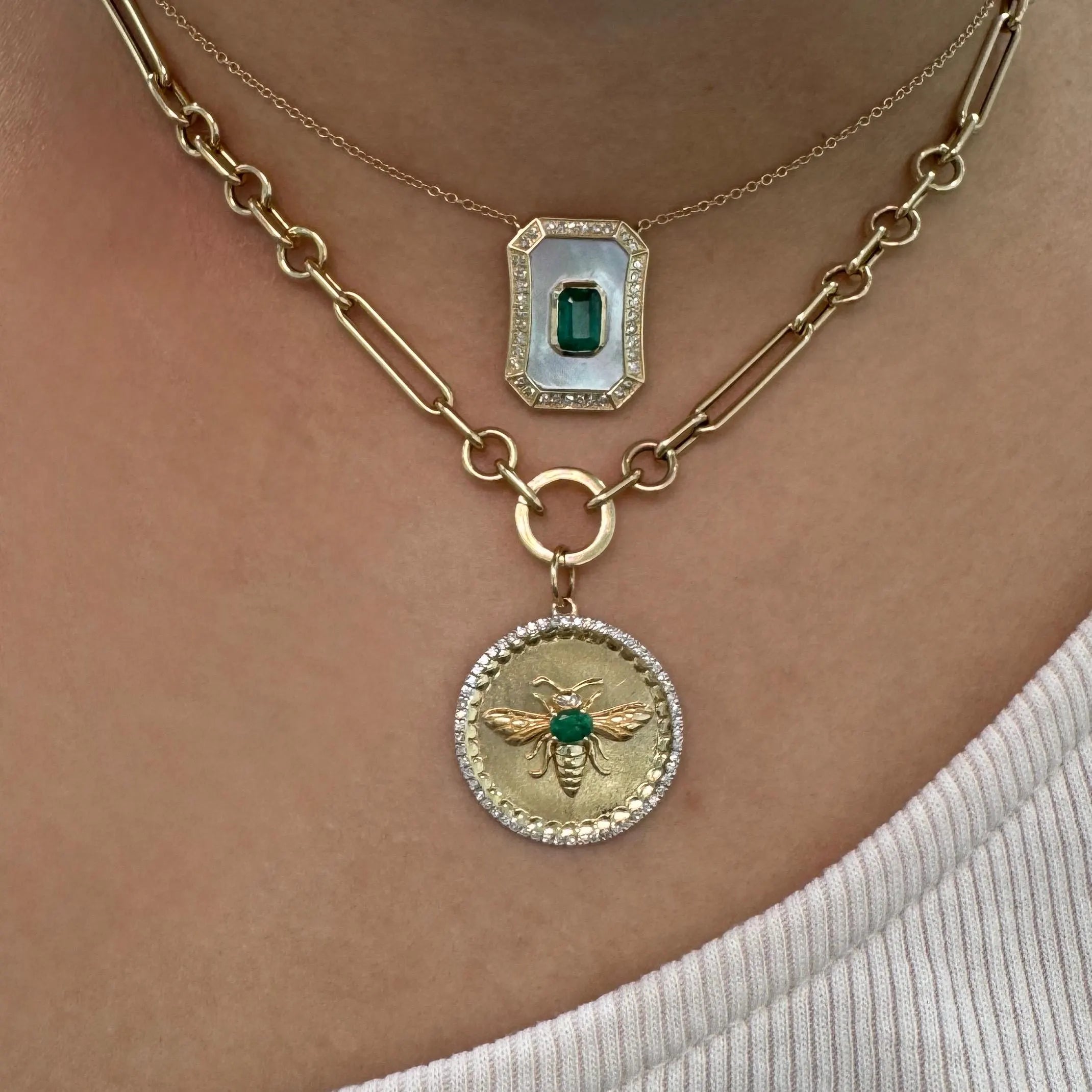 Diamond Emerald Mother Of Pearl Pendant Necklace